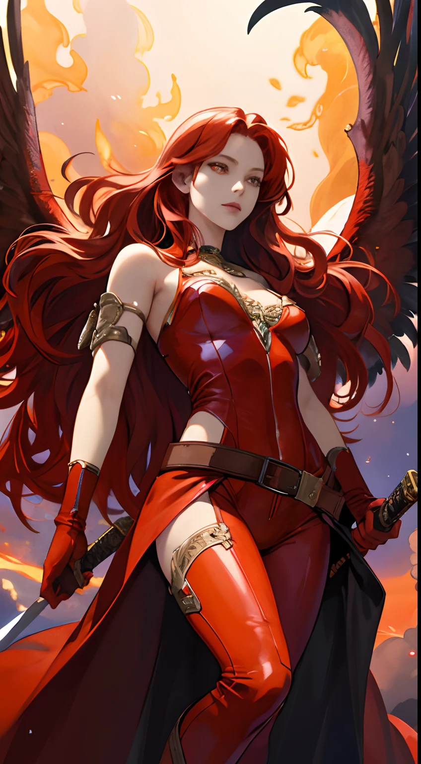 Beautuful Women,a cool,20th generation female,long red wavy hair,Red leather,body suit,gloves,heel,Mystical decoration,a belt,breastsout,Chest,realistic illustration,loimu,Big Flaming Wings,loimu,wingspan,angelicales,Cover the sky,multiple wings,Expressed throughout the body,look up sky,Reach for the sky,It's like flying in the sky,(Effect Effects),art by,Fantasia,maior,The sword,rot,Beautiful woman with a sword,