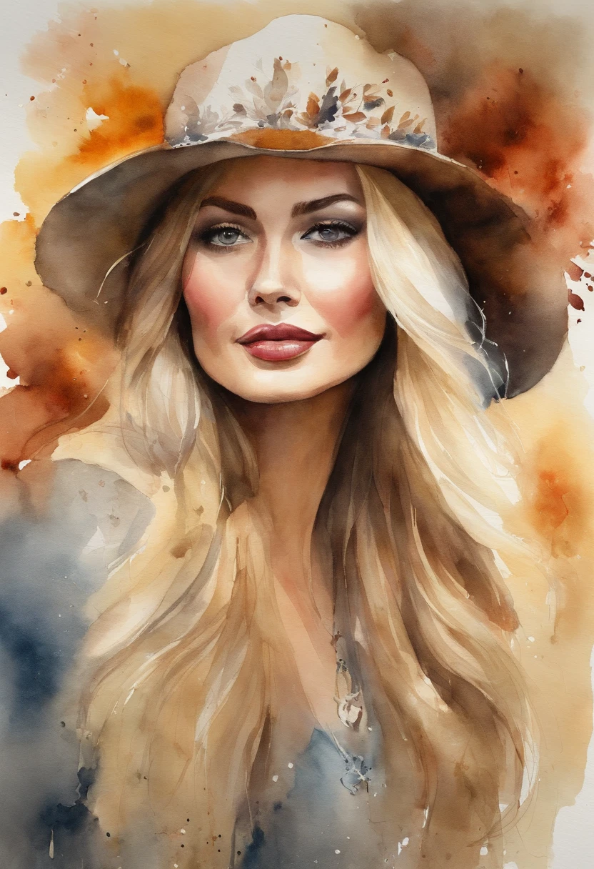 Long blonde woman in Russian hat、Russian hat with raccoon fur、Blonde and long straight hair woman、luminous design、PastelColors、dripping ink、autumn lights