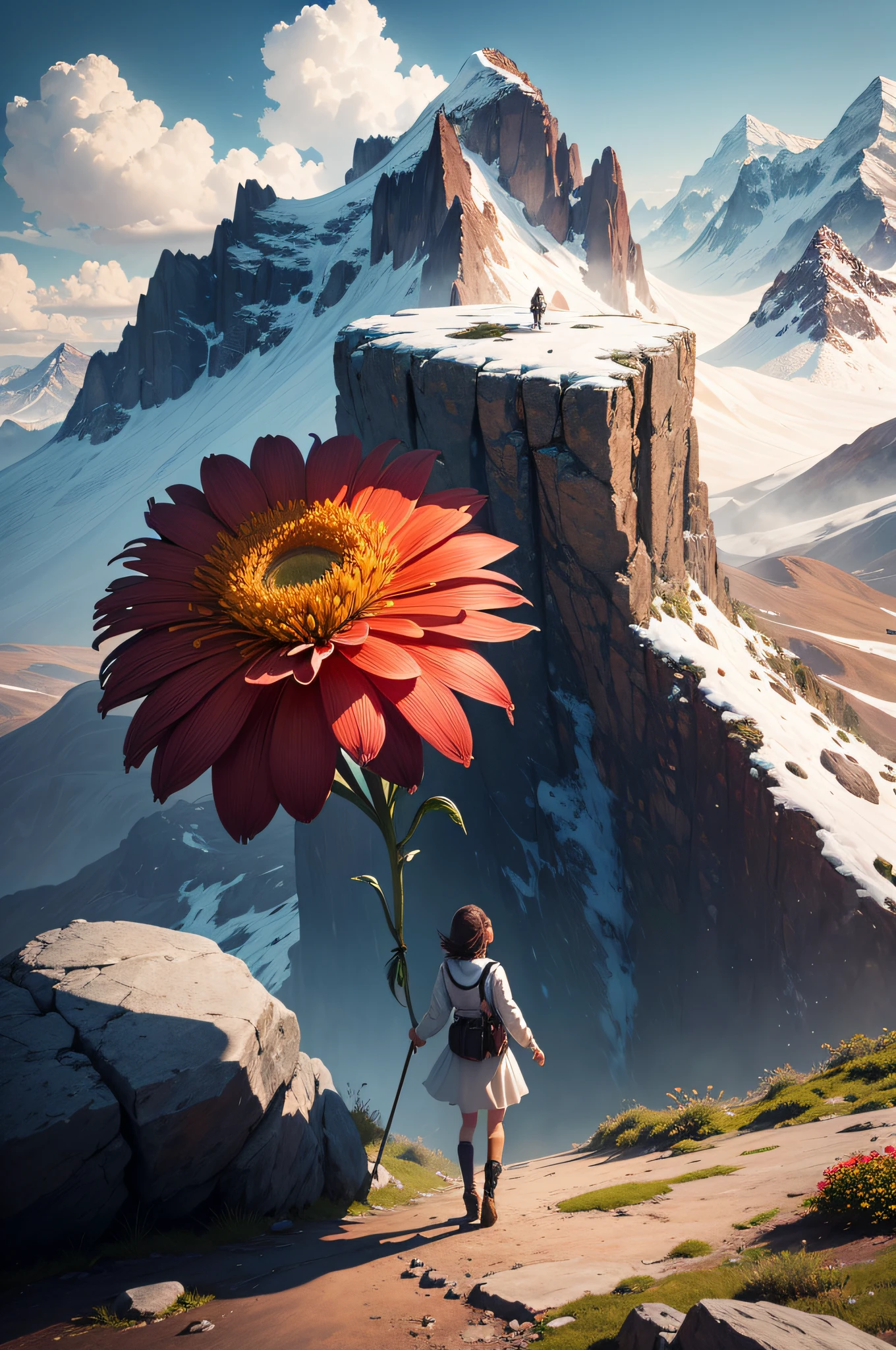 Create an inspiring image that represents flourishing and overcoming, Like a flower blooming in the midst of a challenging scenery.