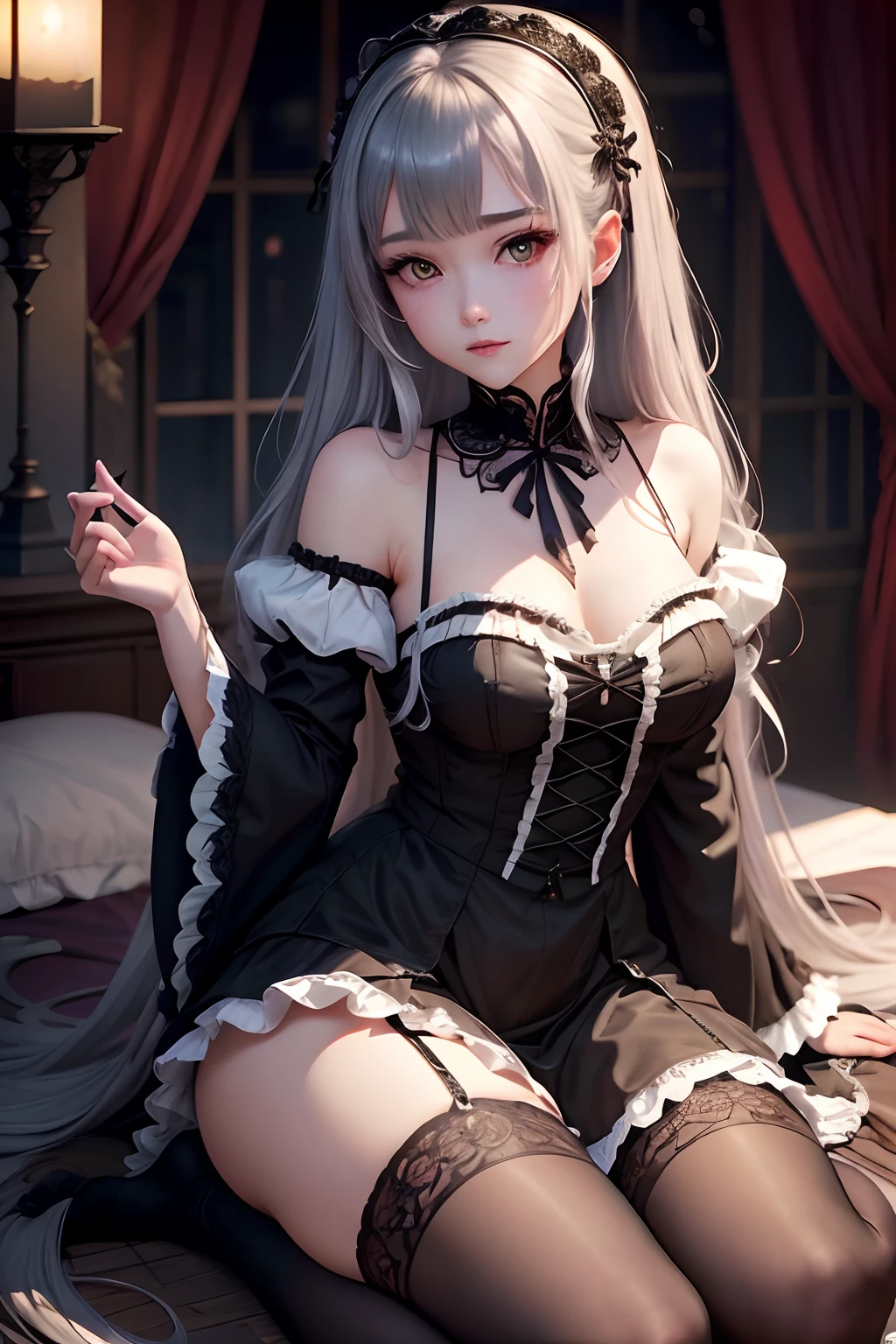 maid clothes、straight haired、A sexy、Glamour、perspiring、Gothic lolita、A slight smil、A sexy、put your hair up、bell sleeves、Wizard Sleeve、garterbelts、knee high socks、a bed、sky at night、Beautifying the world、Unhappy、age19、long-haired twin-tailed hair、Milk-colored hair、Lament my night's fantasy、Beautie、Beautiful shape、wretched、ghosts、wraiths、Evil Spirit、The dragon、Beautiful、boredom、Unusual beauty、bewitching、Fornication、Hard dark gothic makeup、