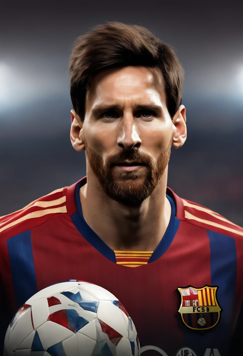 imagem hiper-realista de Lionel Messi em uma pose de frente, wearing the red shirt of America. with all the details of facial expression, do cabelo, das texturas da camisa e da pele, as well as realistic lighting that highlights its characteristic features. transmit all the intensity and determination that Messi shows on the pitch, making it an authentic and impressive representation of this icon of world football extreme realism in interview position