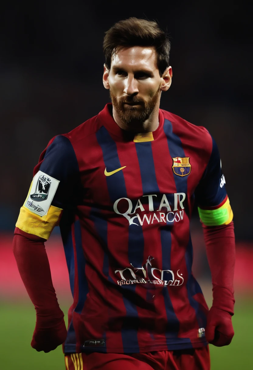 imagem hiper-realista de Lionel Messi em uma pose de frente, wearing the red shirt of America. with all the details of facial expression, do cabelo, das texturas da camisa e da pele, as well as realistic lighting that highlights its characteristic features. transmit all the intensity and determination that Messi shows on the pitch, making it an authentic and impressive representation of this icon of world football extreme realism in interview position