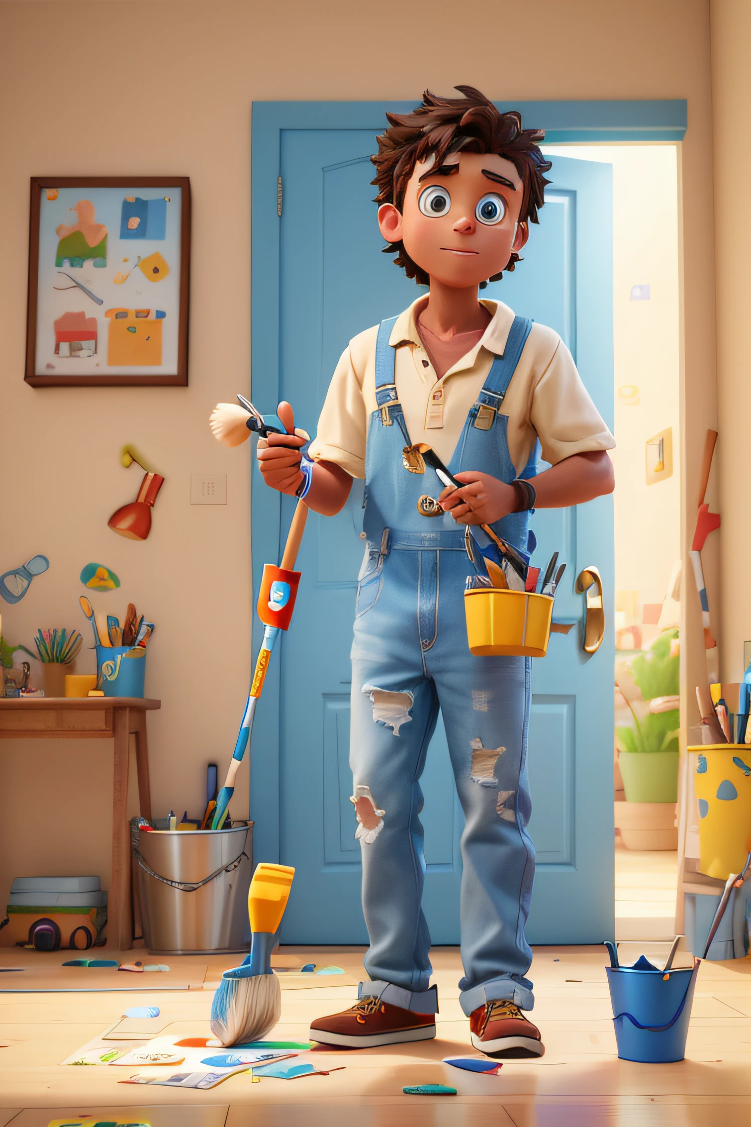 Cartoon character of a boy with a paintbrush and bucket, Pixar Renderman Render, as a pixar character, Arnold Maya Render, Show in Pixar, Commercial Image Game, pixar character, depicted as a pixar character, 3D Pixar Model Rendering, pixar cute character design, Pixar 3D Rendering, Pixar Presentation, Filed in Arnold, Pixar 8K Image