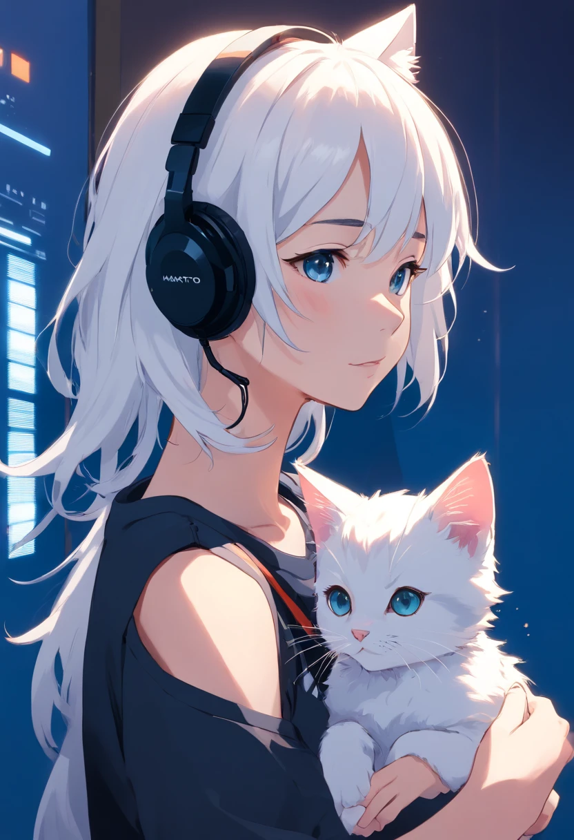 1 girl looking at a kitten white，girl with headphones，masker，The background is dark blue wall, Wearing Black T-shirt, white hair, photo studio
