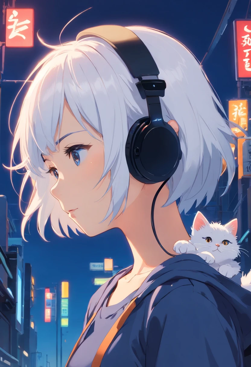 1 girl looking at a kitten white，girl with headphones，masker，The background is dark blue wall, Wearing Black T-shirt, white hair, photo studio