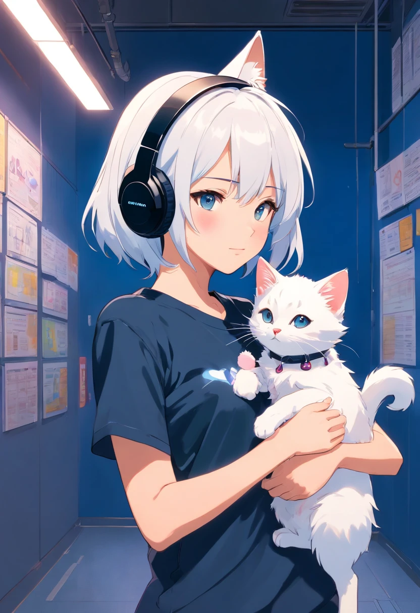 1 girl looking at a kitten white,girl with headphones,masker,The background is dark blue wall, Wearing Black T-shirt, white hair, photo studio