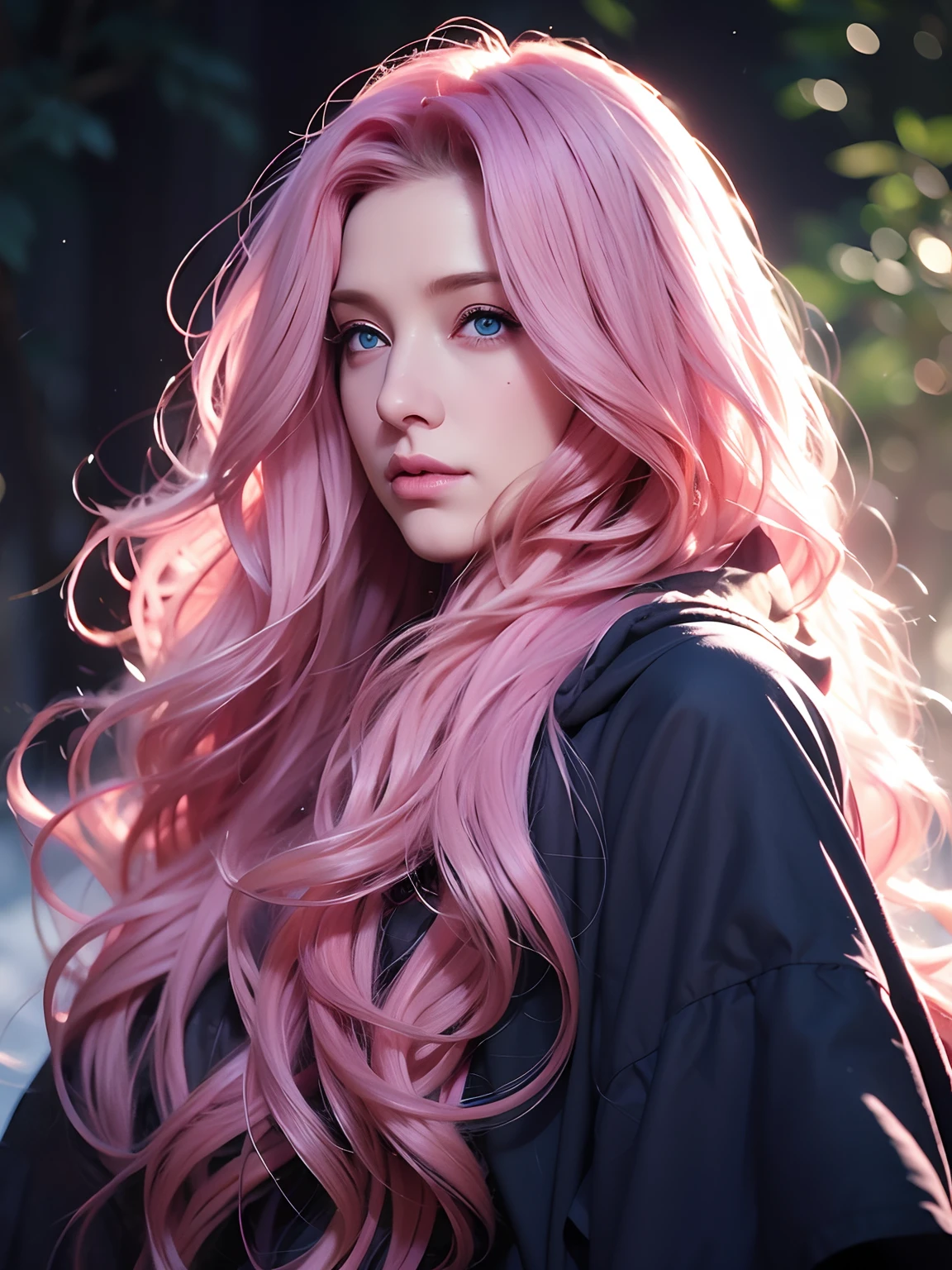 a woman, long curly hair, pink hair, blue eyes, Eleven, dark forest, windy hair, hood, dark steal, bright eyes, elf