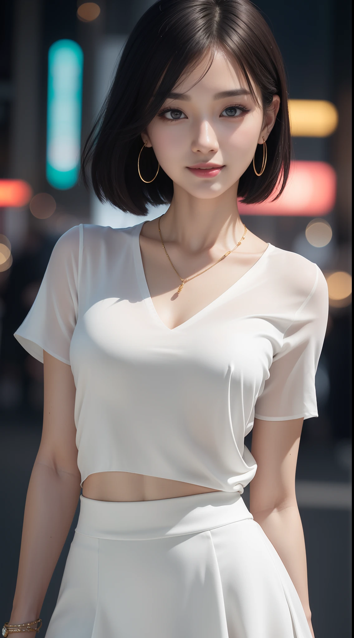 8k, masterpiece, RAW photo, best quality, photorealistic, extremely detailed CG unity 8k wallpaper, Depth of field, Cinematic Light, Lens Flare, Ray tracing, (extremely beautiful face, beautiful lips, beautiful eyes), intricate detail face, ((ultra detailed skin)) 1girl, in the dark, deep shadow, pretty korean girl, kpop idol,(very slim slender fit-muscled body), ((looking at viewer)),(big smile), city night, (neon sign), (blurry background), midnight, (vacant city), (without people in the background), pretty asian girl, earrings, bracelets, necklace, clear eyes, shot, (pale skin), face forward, (big eyes), ((close up shot)), (looking at viewer), medium breasts,((smile)), (see through), ((laced top)), ( very slim), (white silk shirts), (red silk skirt), short hair, thick thighs