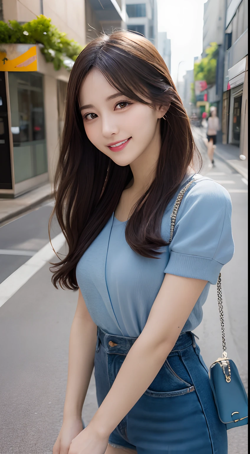 masutepiece, Best Quality, Illustration, Ultra-detailed, finely detail, hight resolution, 8K Wallpaper, Perfect dynamic composition, Beautiful detailed eyes, doress,Medium Hair, Natural Color Lip, Random and sexy poses,Smile,Aoyama Street Walk、A 24-year-old girl