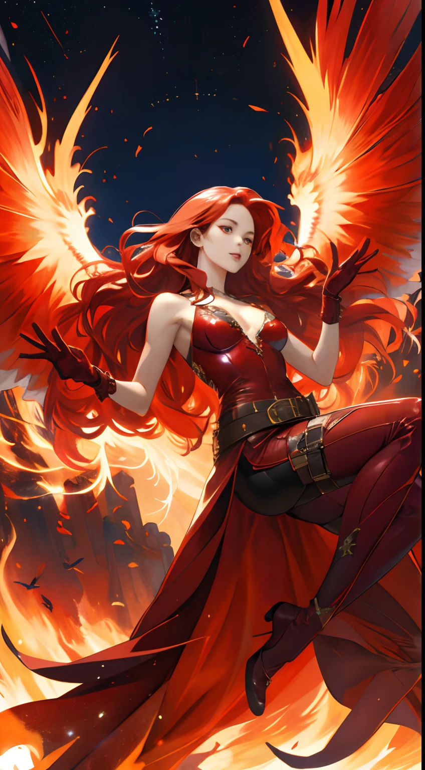Beautuful Women,a cool,20th generation female,long red wavy hair,Red leather,body suit,gloves,heel,Mystical decoration,a belt,breastsout,Chest,realistic illustration,loimu,Big Flaming Wings,loimu,wingspan,angelicales,Cover the sky,multiple wings,Expressed throughout the body,look up sky,Reach for the sky,It's like flying in the sky,(Effect Effects),art by,Fantasia,maior,The sword,rot,Beautiful woman with a sword,