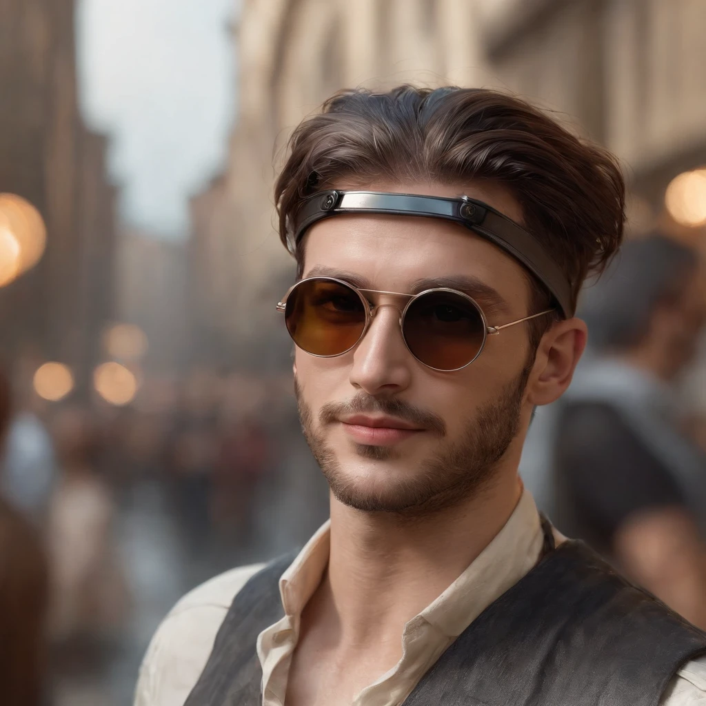 obra maestra, realista Handsome Gentleman steampunk, apuesto Hombre de barba hipster, smiiling, Traje de lujo muy elegante, ellegant, Steampunk Sombrero decorado con gafas goggles,sombrero de copa, Arte digital 8K, Tatuado y musculoso, Hombre impresionante, industrial, Retro futurista, punk, machine, Retro, engranajes, Gafas futuristas, fantastic face, hermoso aspecto, cabello detallado, Ultra Enfoque, cara iluminada, Cara detallada, 8K resolution, acuarela, Estilo Razumov. arte de Razumov y Volegov, Hyperrealism Painting Concept Art of detailed character, 8 k resolution blade runner