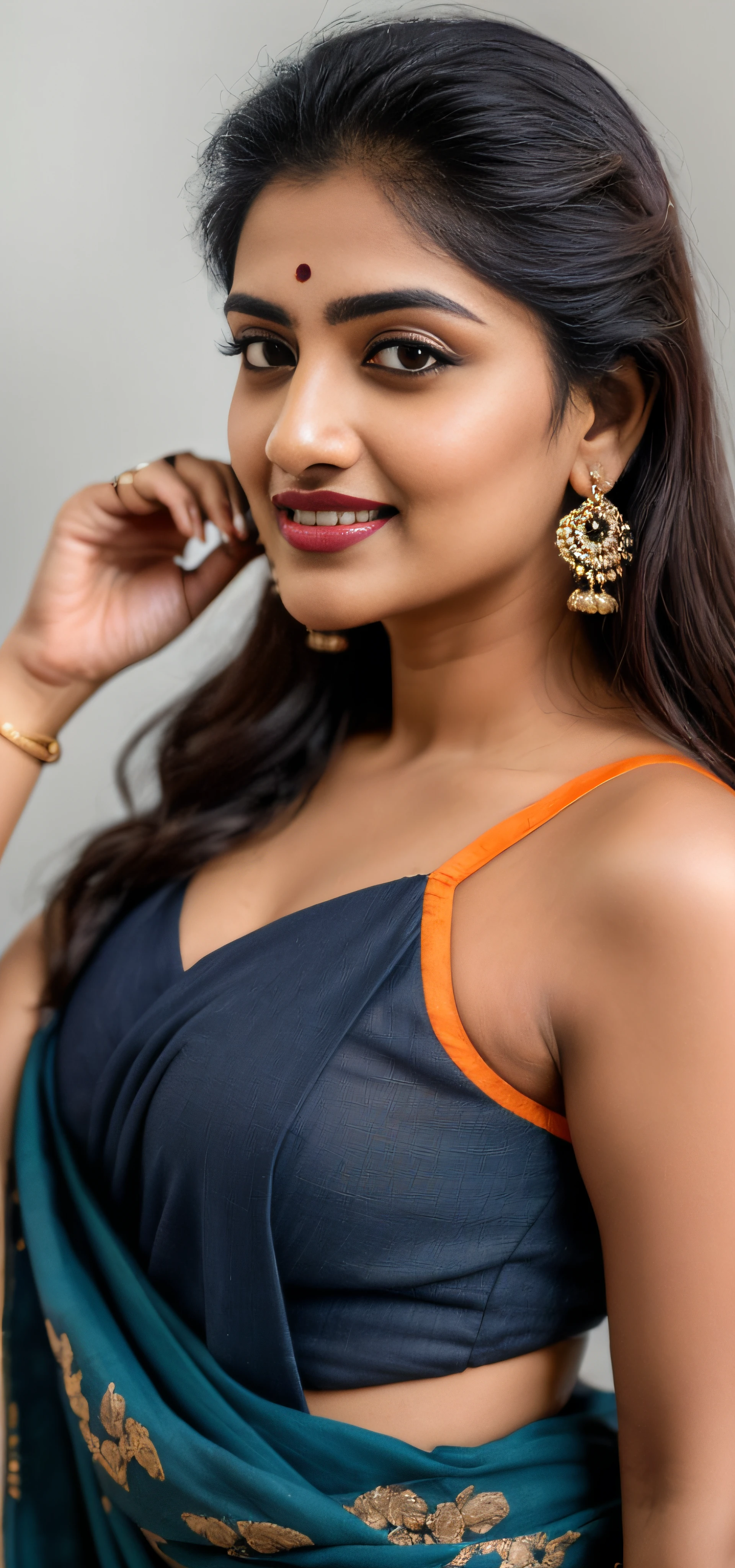 (editorial photograph of an Indian actress Ayesha Singh, energetic, 21 y.o. female), (wearing worn out clothes, detailed:1.3), (highly detailed face:1.4), (background inside dark, moody, private study, studio lights:1.3), (8k, uhd, dslr, high quality, cinematic lighting, bokeh), (dramatic, award winning photography, incredible masterpiece:1.3) (strong depth of field), dark maroon lips, Ayesha Singh Hindi Actress(model), pale white skin, glowing skin, ((film grain, skin details, high detailed skin texture, 8k hdr, dslr)) , sweet smile,beautiful face, beautiful eyes, ((small nose)), big natural lips, blue sari and orange blouse
