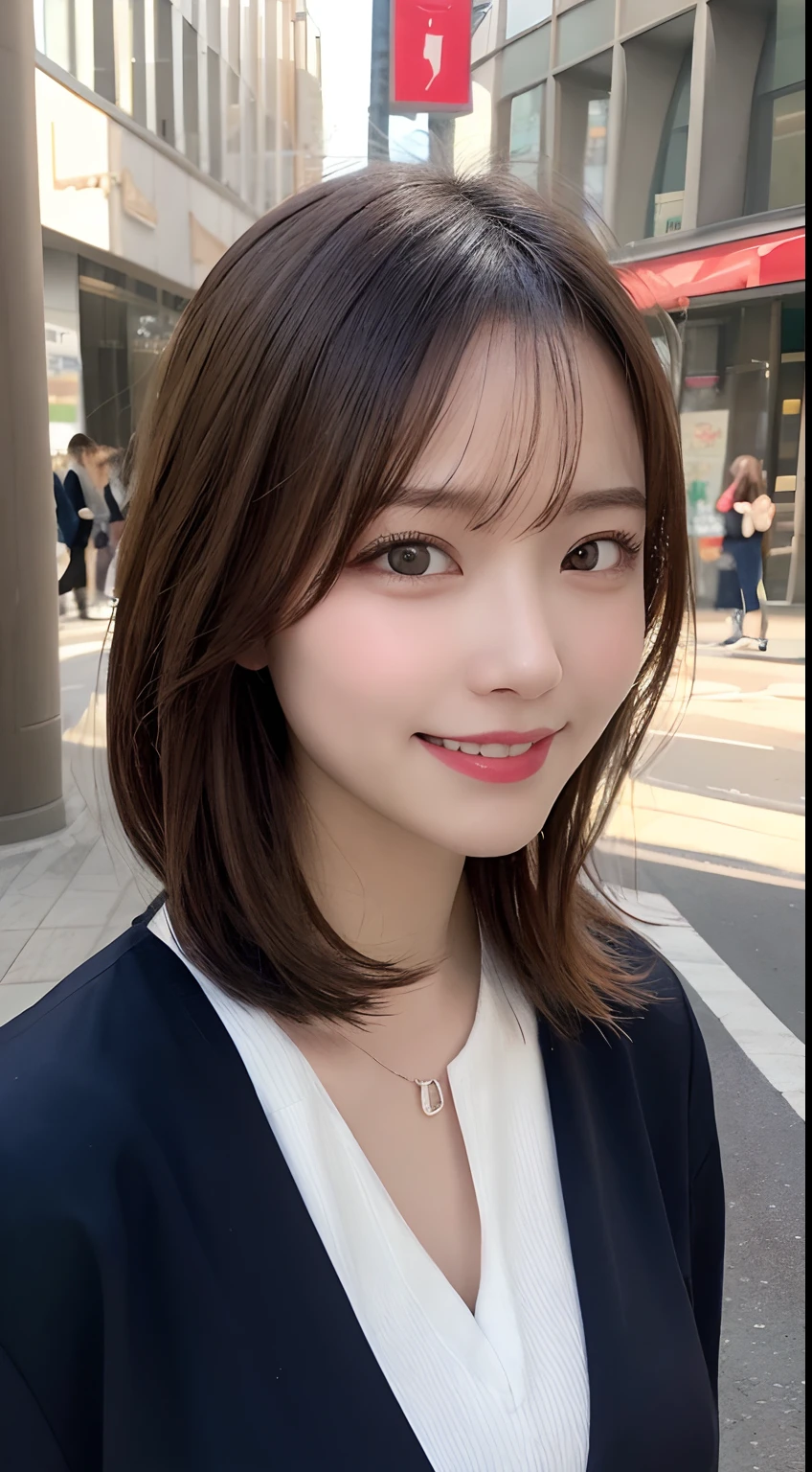 masutepiece, Best Quality, Illustration, Ultra-detailed, finely detail, hight resolution, 8K Wallpaper, Perfect dynamic composition, Beautiful detailed eyes, doress,Medium Hair,  Natural Color Lip, Random and sexy poses,Smile,Aoyama Street Walk、A 24-year-old girl