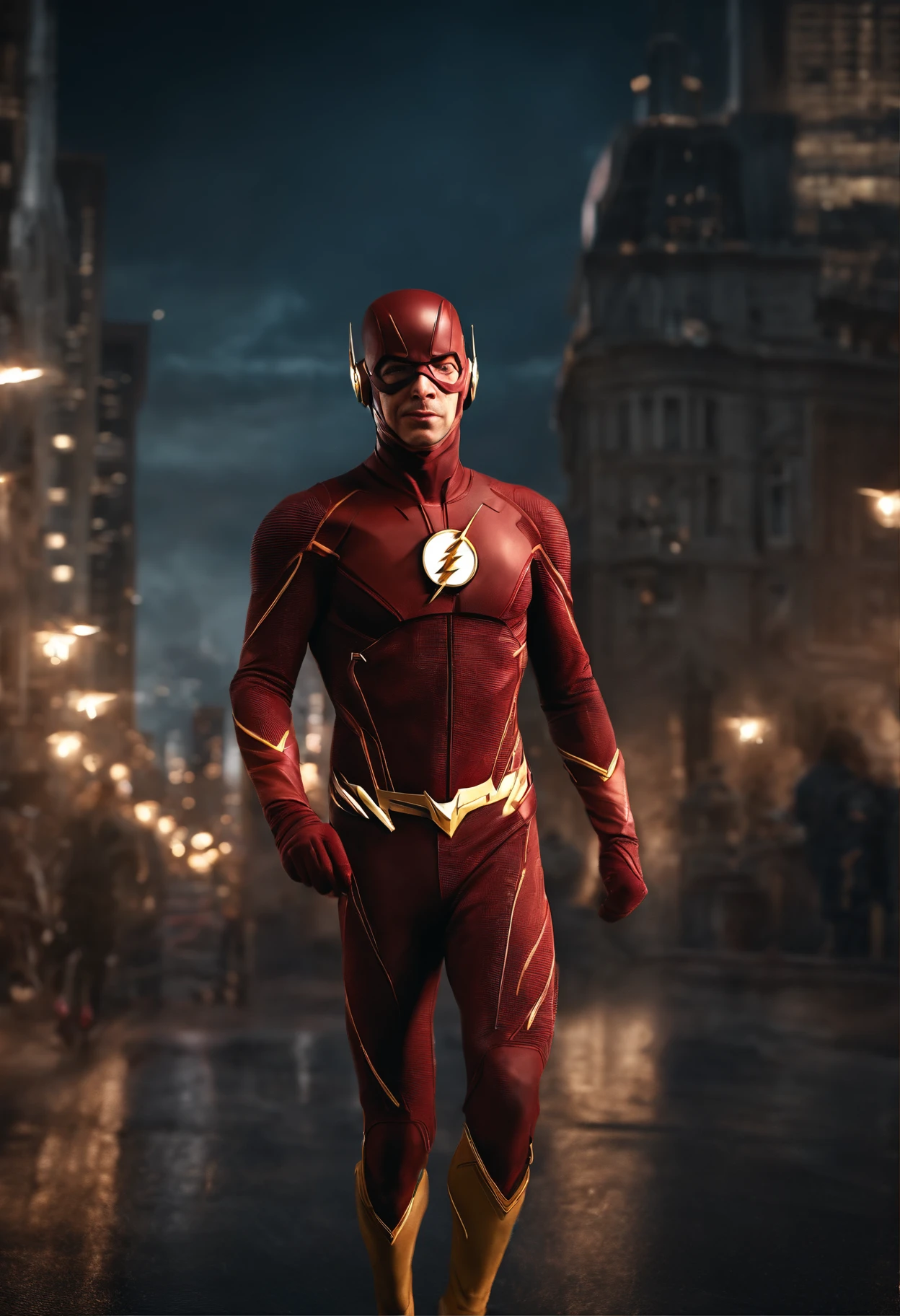 Old Flash, 8 now slower, tries to run but stumbles. His lightning is dim and flickering. He catches his breath, leaning on a wall. Background: A deserted city street at dusk, the sky filled with ominous clouds. Narration: "The speedster's race against time... is coming to an end."