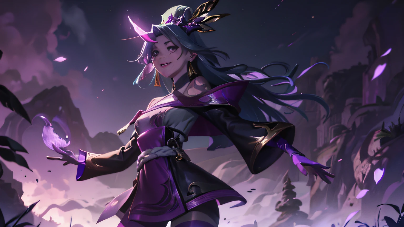 (Realistic), Texture, (A young latin girl holding a staff and wearing purple clothes:1.2), spirit blossom soraka, (purple lipstick:1.2),kimono, ears of elf,golden hair accessories,Gold earrings (closed eyes:1.3),meditation,Winged eyeliner, (tattoo:1.2), mascara,(purple skin:1.3) , (single horn:1.2),Snowflakes fluttering