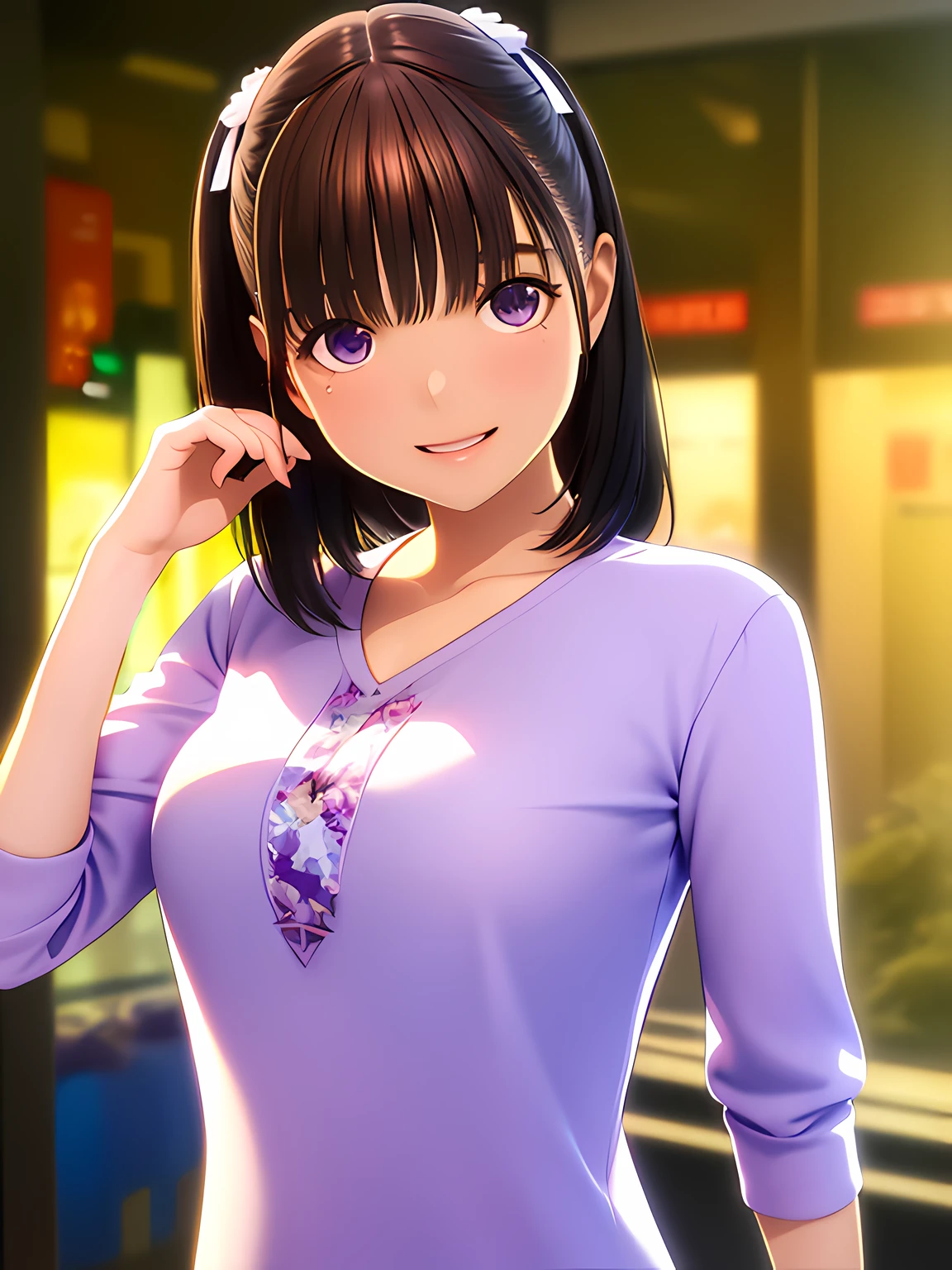 hight resolution,in 8K,Best Quality,detaileds,semi - realistic anime,Anime 3D Style,Smooth Anime CG,1 girl in,20 year old woman in Japan,slim,modeled,shiny chestnut hair,Medium Hair,Detailed face,Beautiful and detailed eyes,Glowing skin,Smile with open mouth,Purple blouse,Fantastical aquarium,Shooting in the aquarium,Blurry background,