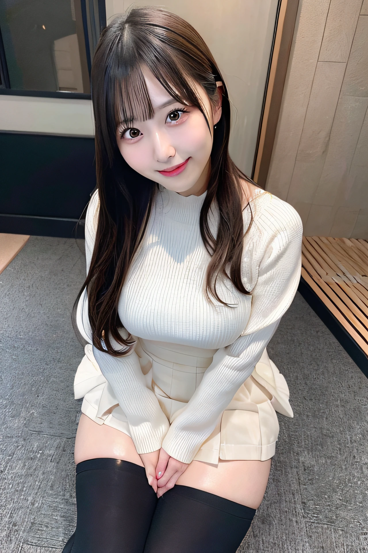 ((masterpiece)), (realistic: 1.2) masterpiece, 最high quality, high quality，High resolution，white skin，perfect body, 最high quality, ultra detail，big breasts，Emphasized valley, Mature，beautiful, black hair， long hair， With bangs，school uniform，over knee socks，glowing skin，10th generation，Bewitching，foot, very detailed, parted lips