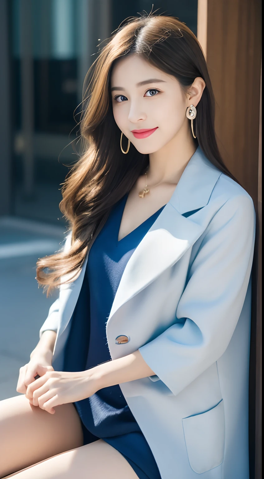 (((32K,very high res, high detailing, highly accurate,Masterpiece Girl 1))),Raw photo & realistic atmosphere,beautiful dark blue eyes,Detailed mouth,Glossy lips,Detailed eyebrows,Soft white skin that shines with every detail,,Eyes drawn in detail、Very beautiful eyes with azure eyes,Detailed lips、Very beautiful face,Very well-formed face、Lifelike face,shiny beautiful lips,Beautiful eyebrows,Infinite reality,Best design,(Insanely cute Japan -yeld hischool girl,,Beautifully shaped breasts,Very cute beautiful girl,Little Gi),Best Natural Makeup,Japanese ido,Korean Idols,Young sensual idol,Moist eyes,Dark beautiful eyes,Beautiful butt,beauty legs,,camel's foot,:1.3),超A high resolution、,Natural and realistic face,Back lighting,Pure eyes are too cute,(((photorealisim,Photograph the whole body))),,Reality Live Action,(Fashionable earrings,,a necklace,A bracelet,gyuru,Glossy nail art,Women's Taiko Fashion,Bright blue coat with beautiful design,Sexy blue underwear,white skirt,Bright Blue Pumps,Blue pantyhose,Gold hair ornament,Show me your beautiful thighs,Calm and fashionable girl,light brown hair,Wave shortcuts,独奏,Lori,little smiling,full body Esbian,Show full-body fashion,sitting cross-legs,Show me your blue shoes,Charming and beautiful 16 year old girt in Shibuya