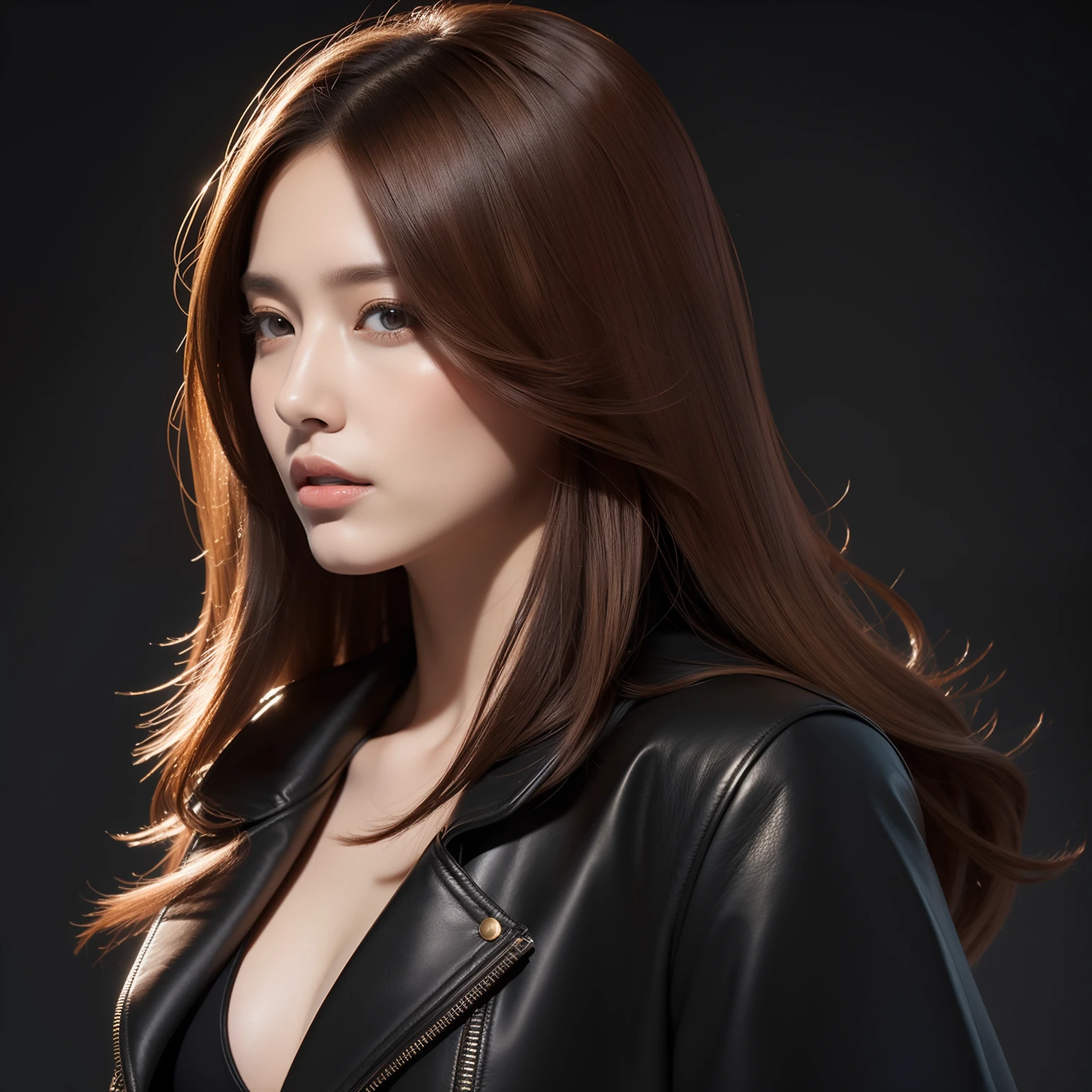 super high image, super detail, super high resolution, portrait, beautiful and stylish light brown hair woman, black leather long coat no shirt, black leather slim pants, black engineer boots, professional lighting