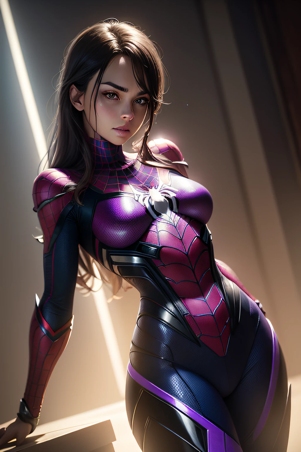 a girl with medium curly brunette hair,light brown tone with golden tips,medium blonde,slim,medium chest,brown eyes,dressed as spider men,wearing a purple glasses,gentle smile expression,(best quality,4k,8k,highres,masterpiece:1.2),ultra-detailed,(realistic,photorealistic,photo-realistic:1.37),concept art,highly detailed,hyper realistic,cinematic lighting,vibrant colors,intricate details,dynamic pose,moody atmosphere