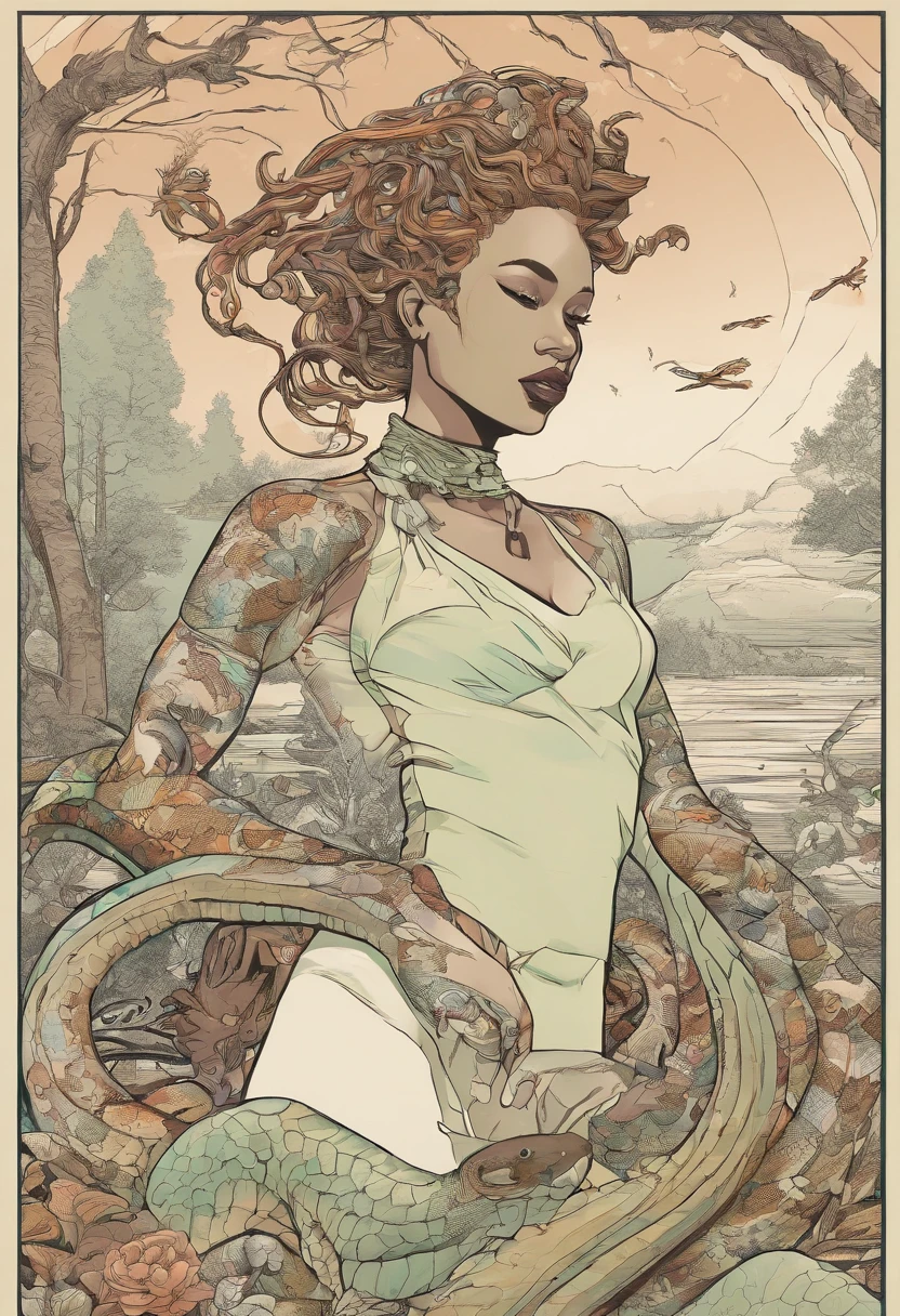 Medusa, splash page decompressed comic cover art, ink style figure,((expressive Joelle Jones and "Sean Gordon Murphy" comic drawing)), wordless, cinematic poster, double exposure, optical illusion, image within image, abyss void black no visibility darkness, full length portrait, (background, pine barrens, entropy, rewilding, magic hour sunset, galaxy stars, cosmos), (horror, abstract, surreal, body, cosmic), candid, snake skin dress, morphology anatomy drawn Frederic Delavier musculature anatomical illustration, (face, ornate black metal corpse paint, resembles Grace Jones), (body, Naga, snakefolk, lower body snake tail, snake woman hybrid, bald, hairless, skeleton, snake skin tattoos, piercing eyes, snake pupils, over the shoulder), (colors, bleak muted deep fiery radiant glowing ROYGBIV, forest green, earth brown), craftsmanship nuance, (Gerardo Zaffino charcoal), subliminal orchids, nyctophobia, silhouette