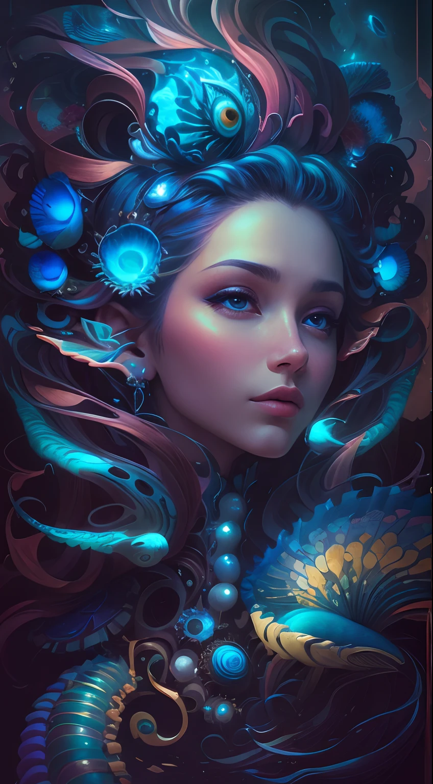 Mejor calidad,tmasterpiece,ultrahigh resolution,(realistic photograph:1.4),Realismo ultrarrealista,dream-like,The beautiful blue-skinned goddess wears a phoenix peacock on her head, Nautilus, Un pez betta,The creation of fantasy,Concha cerebral,Dream shell,Biopunk Nautilus,Exciting color scheme, Realismo ultrarrealista, abstracted, psicodelia,