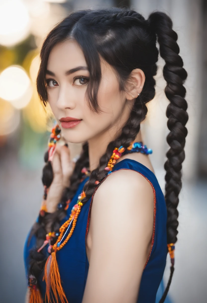 Girl in two braids , morena, andando na cidade japonesa, com letreiros japoneses luminosos, cores de neon, azul, amarelo, andando a noite, olhos azuis, andando de fone, olhar sensual, pernas grossa, mini saia quadriculado.