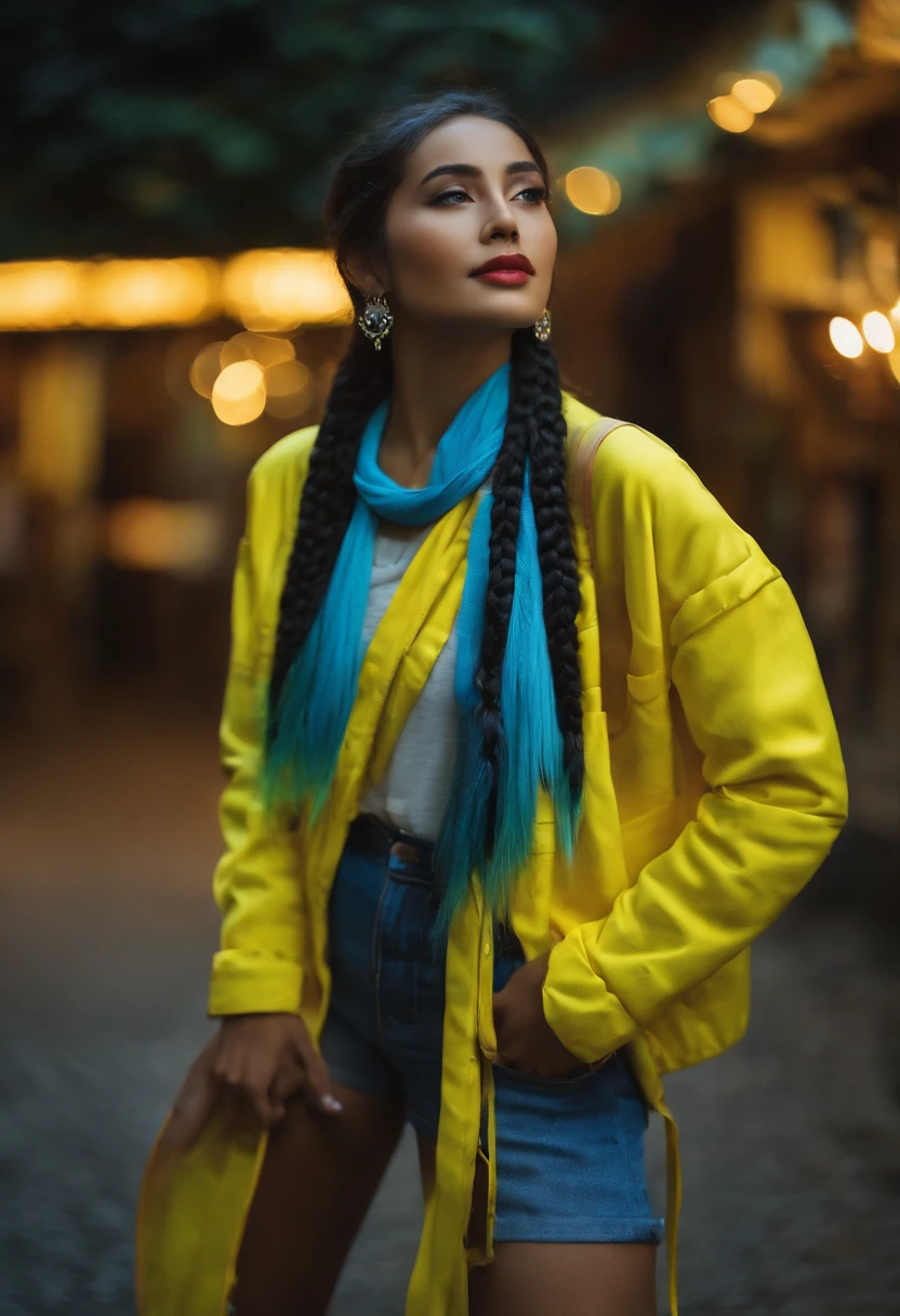 Girl in two braids , morena, andando na cidade japonesa, com letreiros japoneses luminosos, cores de neon, azul, amarelo, andando a noite, olhos azuis, andando de fone, olhar sensual, pernas grossa, mini saia quadriculado.