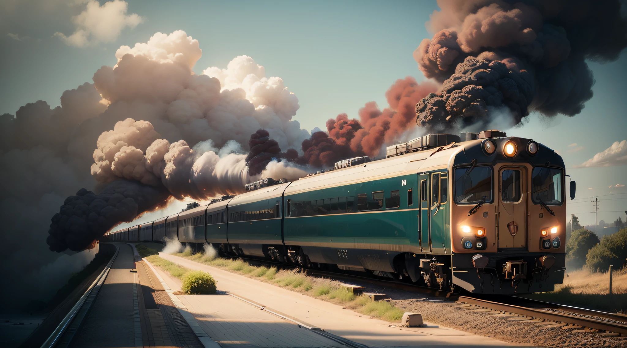 A train line and a train passing without releasing smoke --auto