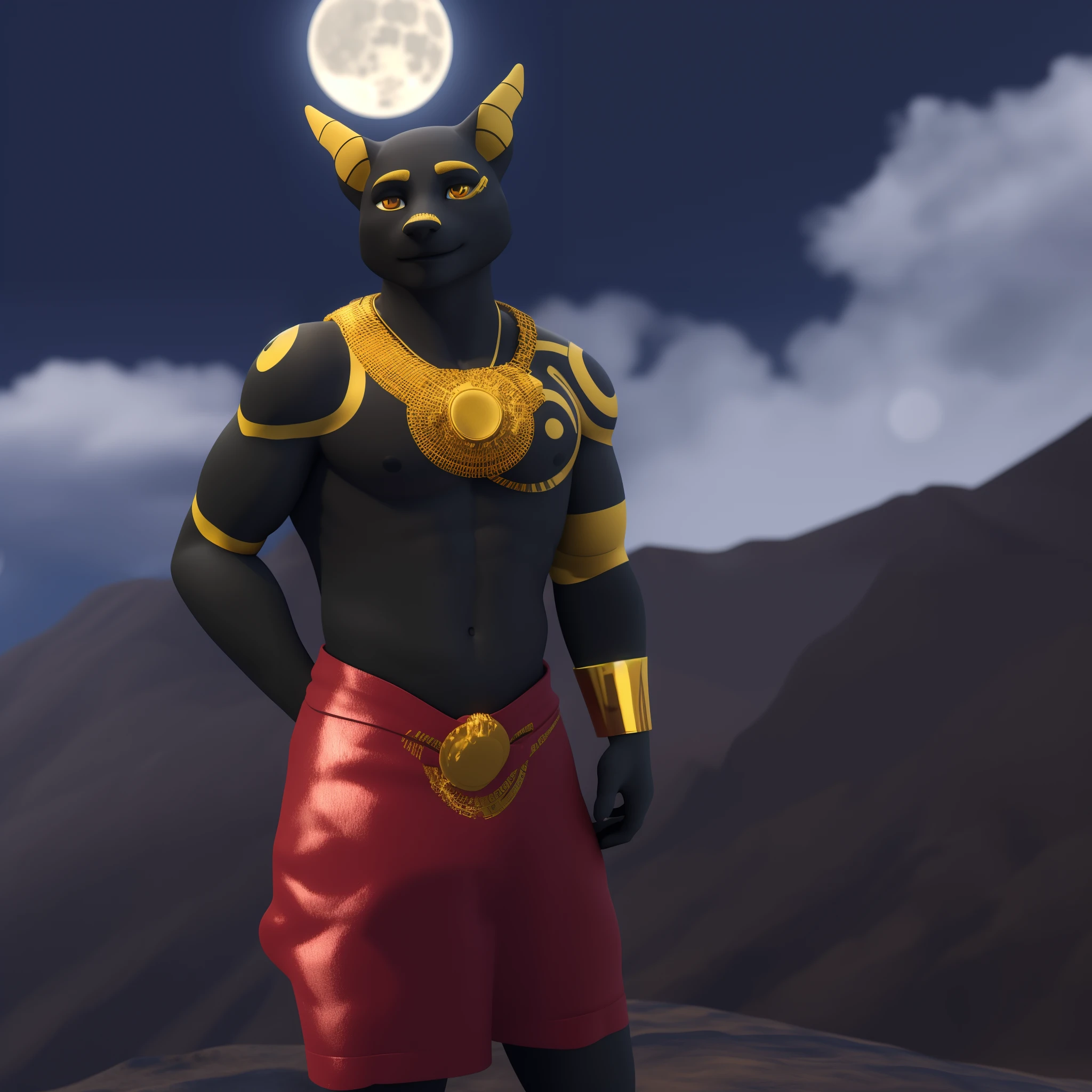 (best quality,3D rendering:1.2),big moon in the background,beautiful detailed golden eyes,Neferu transformed into a cyborg,Fine mountain texture