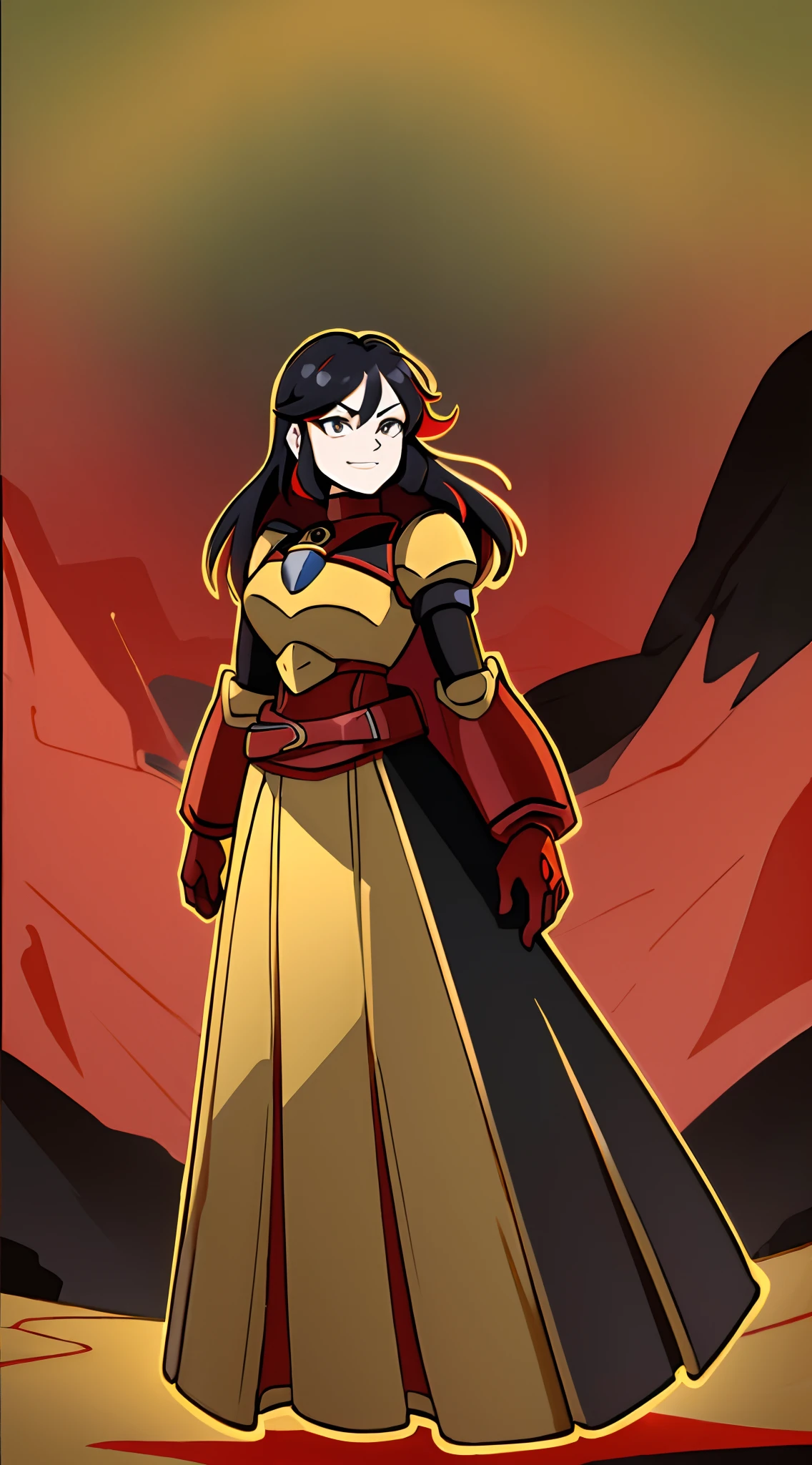 ((Masterpiece, Best Quality)), 1Girl, Princess Ryuko matoi wearing Heavy red black and gold Knight Armor, heavy mech armor, cyber armor red and black, gold belt, heavy red black dress, long hair, long tapered red dress with gold and black highlights, princess armor, long flowing black dress with red highlights and gold waist belt, red mechsuit, looking at viewer at eye-level, full-body, forest background, forest background with large mountains, heavy armored black gold and red dress, looking at viewer with closed smirk