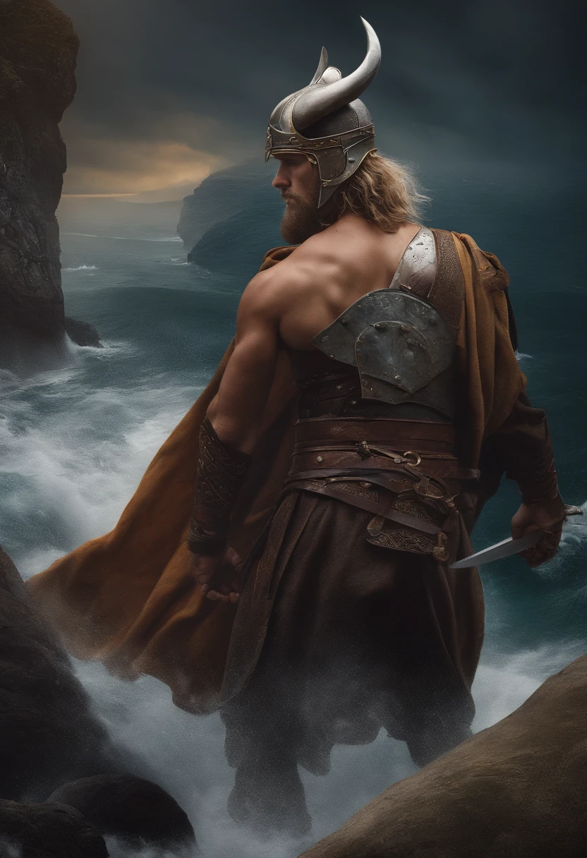 Viking left arm tattoo design, muscular viking man, brown hair divided with bangs, iris eyeballs.realistic blue, wearing warrior leather pants, wearing warrior boots, lake and mountains in the background.