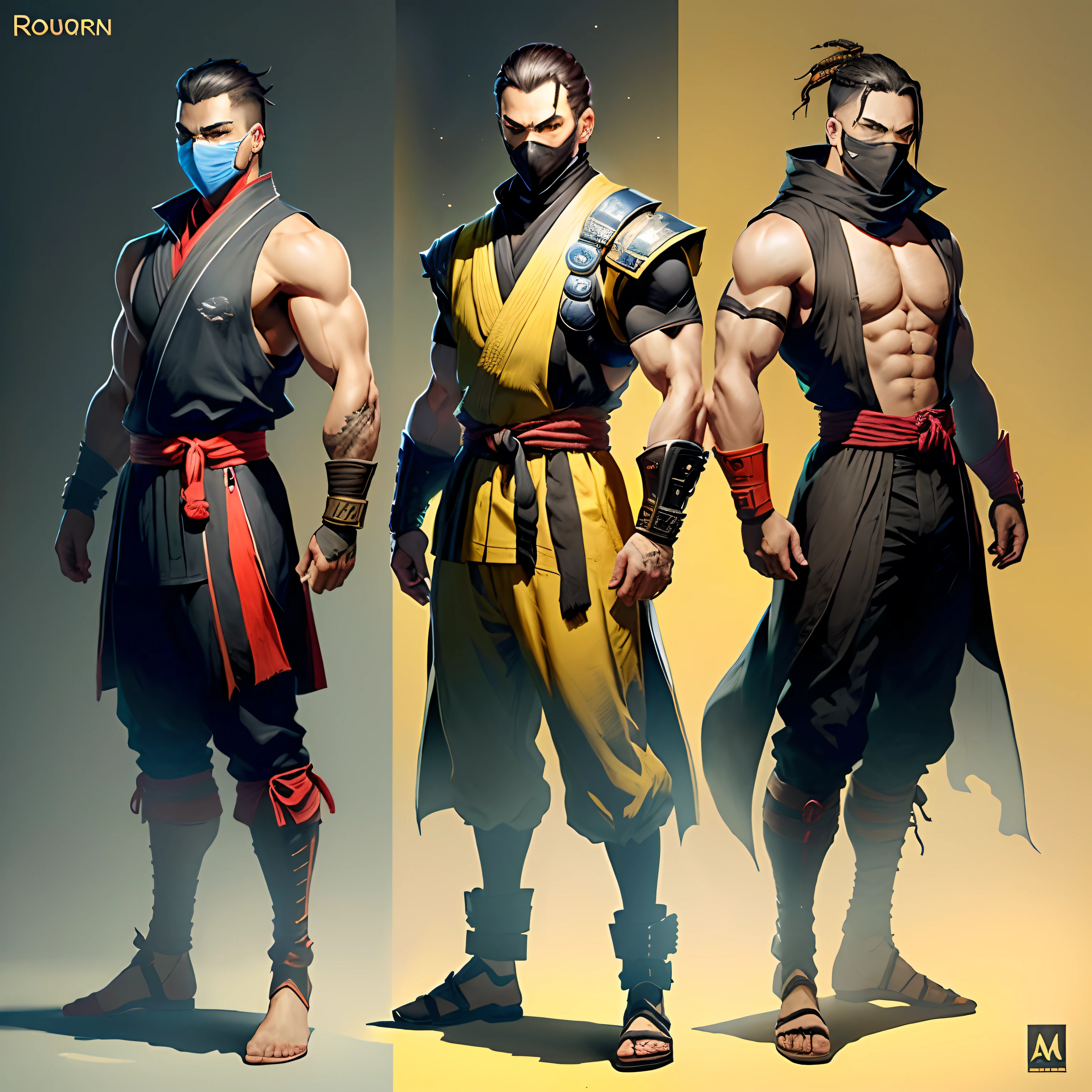 Personagem masculino, com roupas estilo mortal Kombat, roupas de cor amarela estilo scorpion do mortal Kombat,