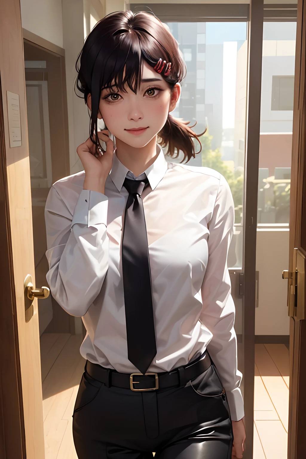 masterpiece, best quality, ultra-detailed, illustration, epic lighting, cinematic composition, isometric, 1girl, solo, cute, brown eyes, black hair, swept bangs, single sidelock, red hairclip, white collared shirt, black necktie, black pants, formal, enchanting gaze, captivating pose, indoors, office, door, opening door, looking at viewer, peeking out upper body, blush, seductive smile, closed mouth,(8k:1.1),