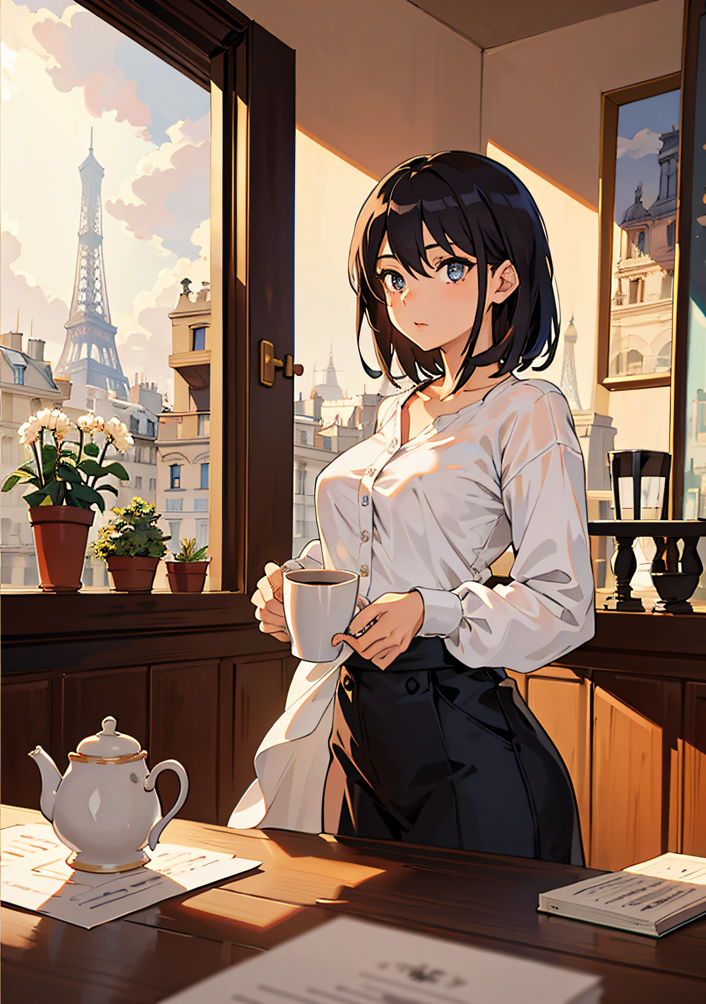 Obra maestra, La mejor calidad, 1girl, Camisa desnuda, tea, taza, Morning, Paris, torre Eiffel