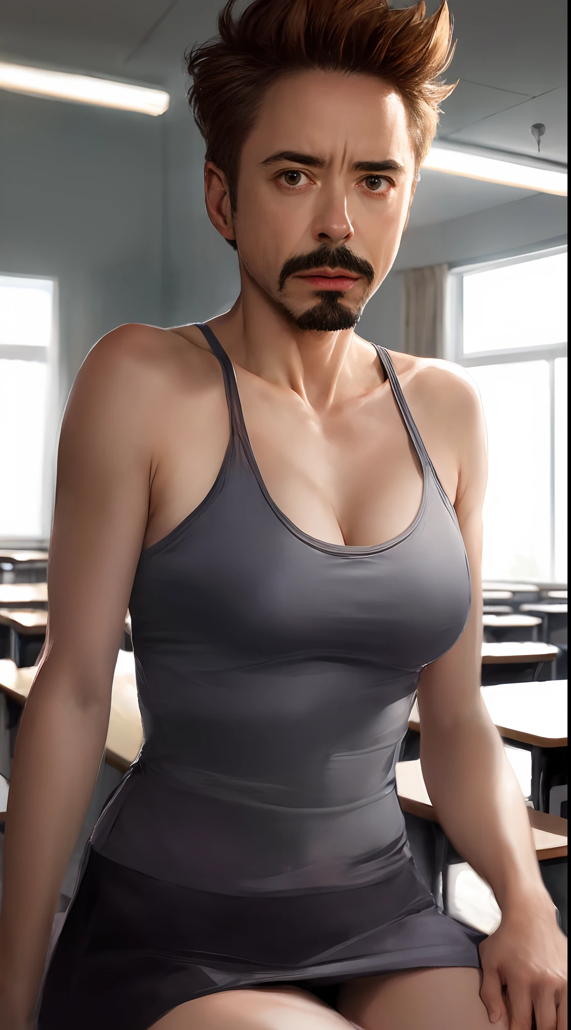 Robert Downey as a girl, spaghetti strap tank top, cleavage breasts, tiny skirt, exposed thighs, very fair skin, Robert Downey haircut, mustache and goatee, school, classroom, indirect lighting, volumetric light, hyper-detailed , captured by Panavision Panaflex Platinum