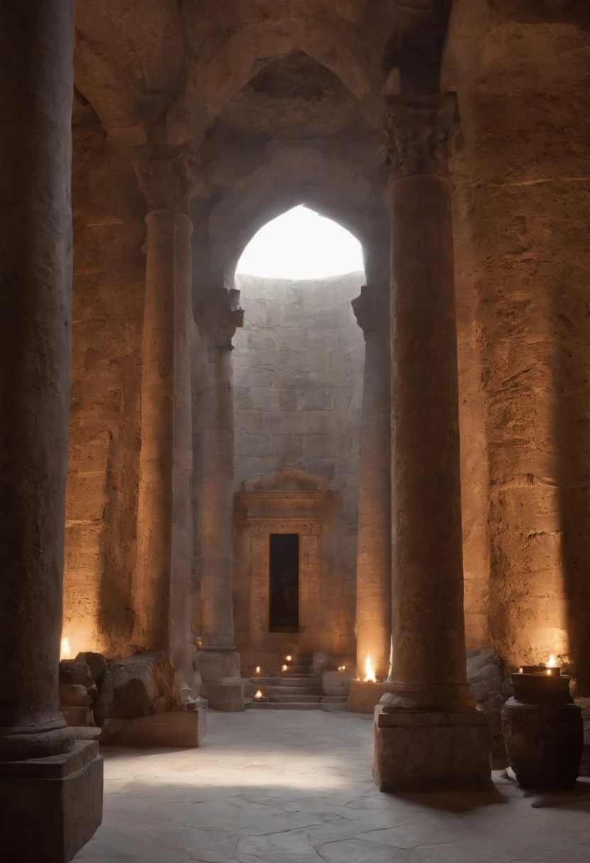 An ancient dark hall with massive statues and columns made of granite. dimly lit by torches. Hebrew text etched into the wall that say "welcome"
