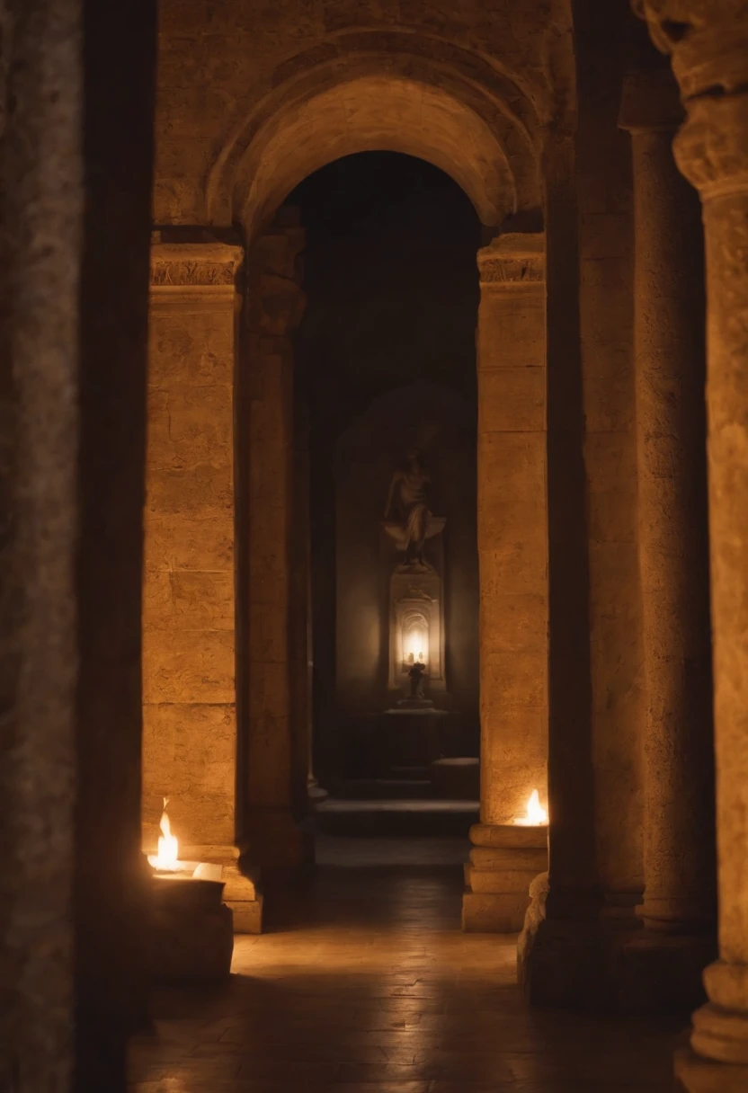 An ancient dark hall with massive statues and columns made of granite. dimly lit by torches. Hebrew text etched into the wall that say "welcome"