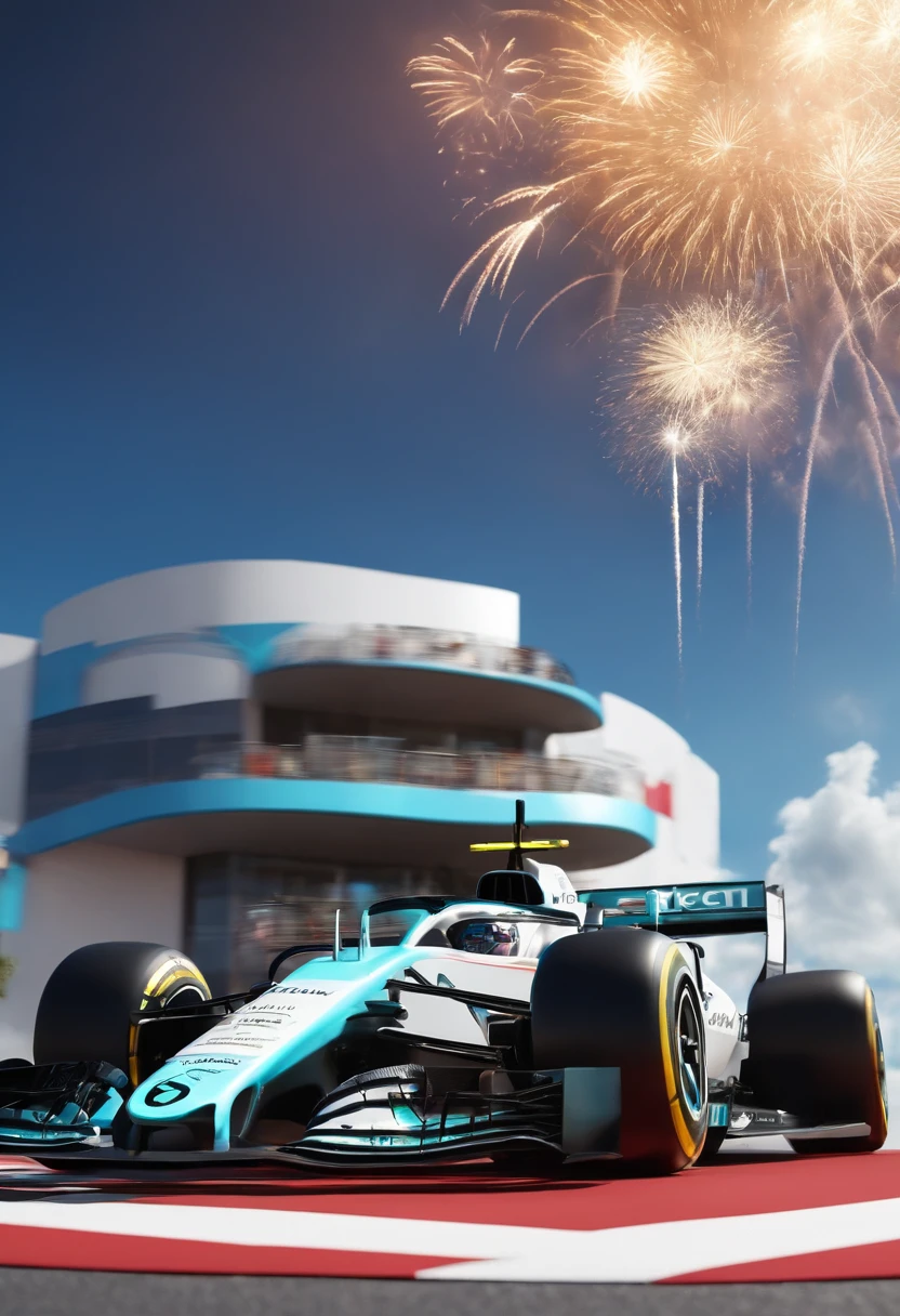 super cute Formula 1 podium, with fireworks launch, carros parados na frente, with clear blue sky with very white clouds and sun, 3D rendering of,best quality