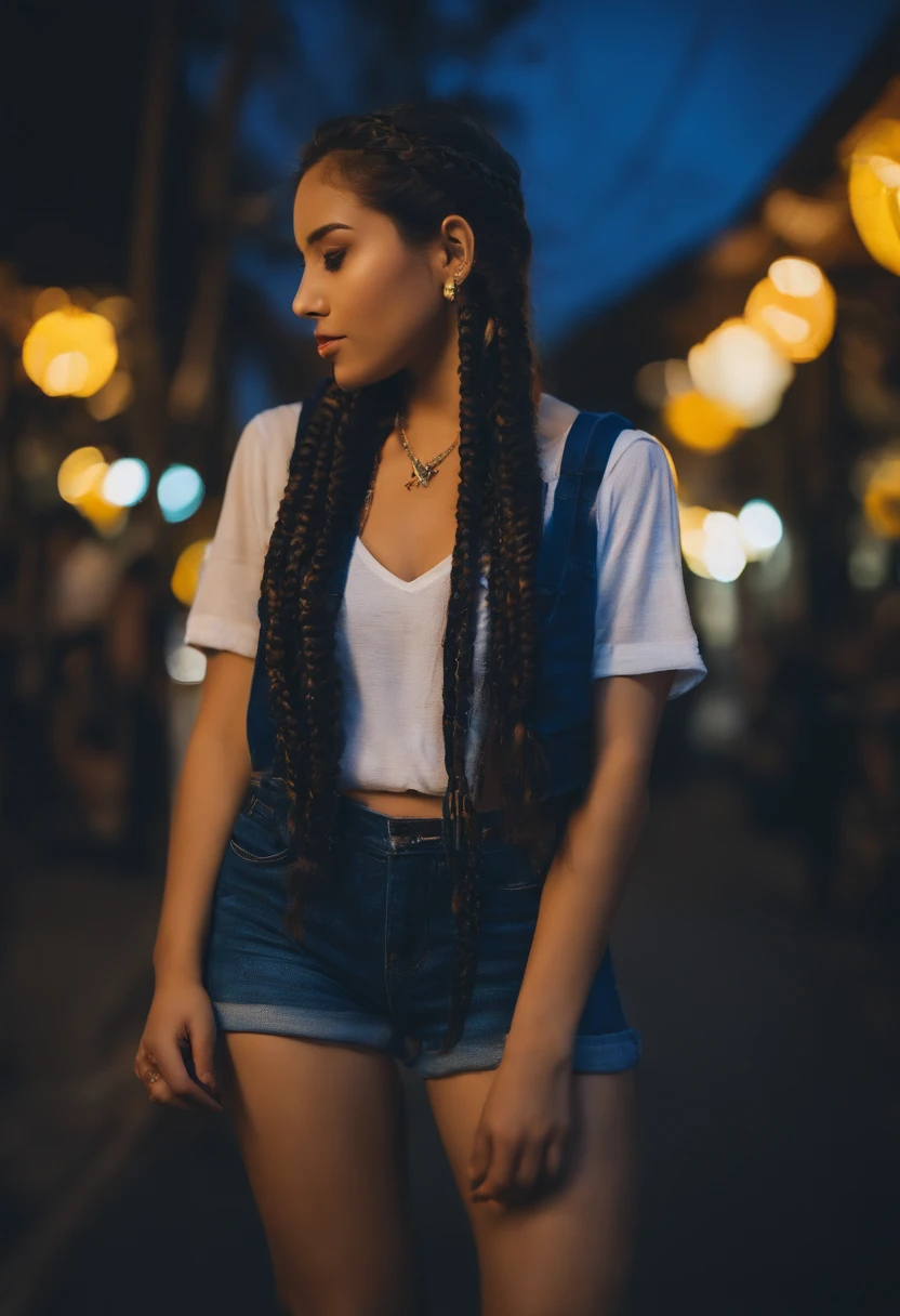 Girl in two braids , morena, andando na cidade japonesa, com letreiros japoneses luminosos, cores de neon, azul, amarelo, andando a noite, olhos azuis, andando de fone, olhar sensual, pernas grossa, mini saia quadriculado.