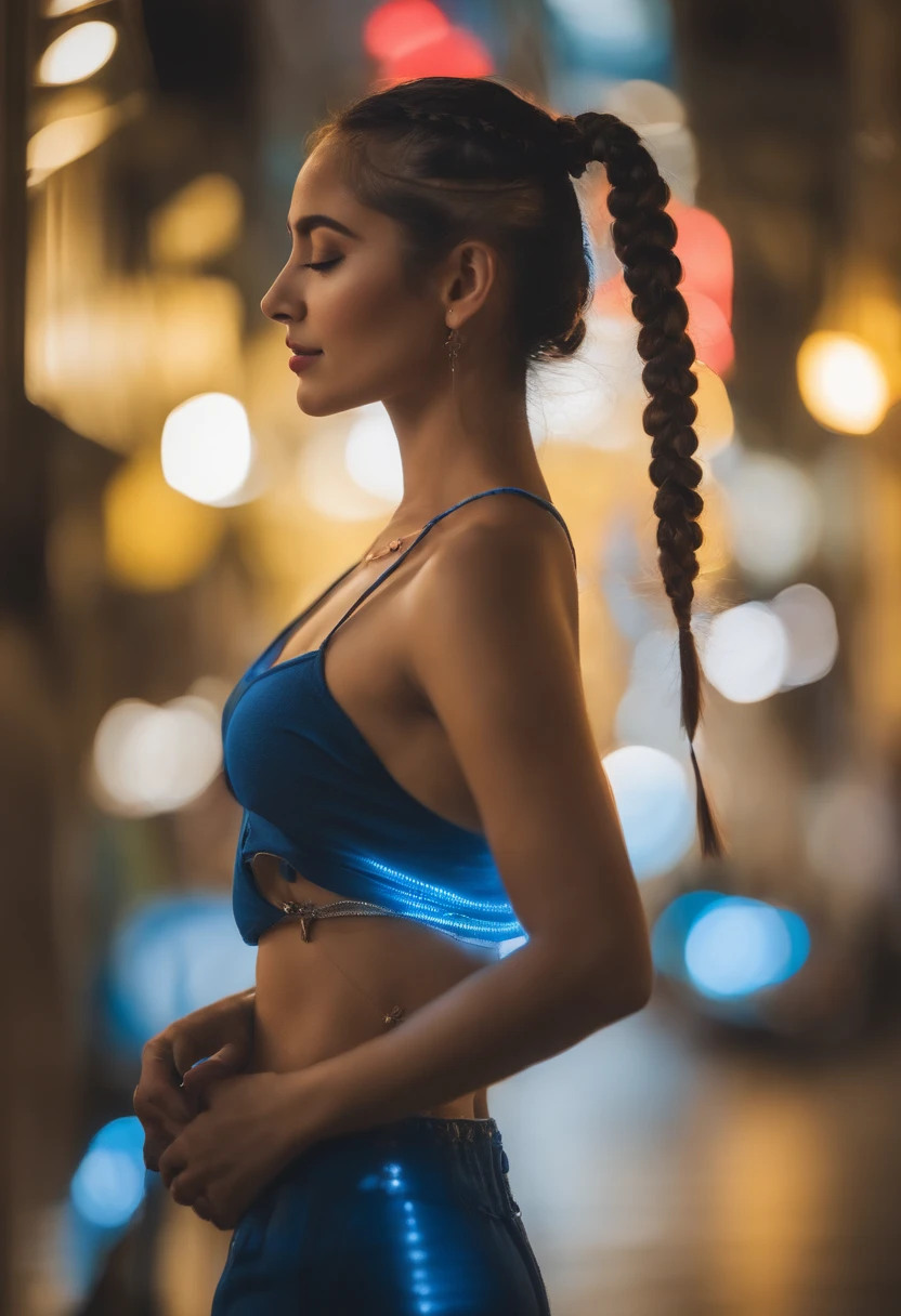 Girl in two braids , morena, andando na cidade japonesa, com letreiros japoneses luminosos, cores de neon, azul, amarelo, andando a noite, olhos azuis, andando de fone, olhar sensual, pernas grossa, mini saia quadriculado.