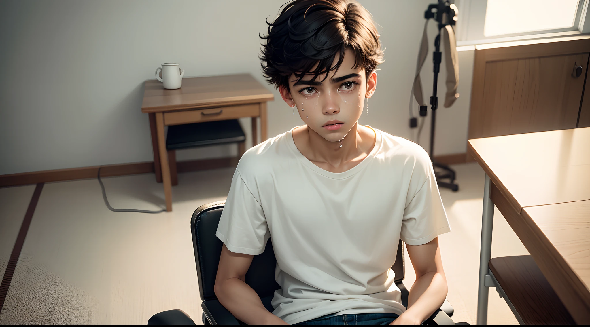 realistic image in 8k of a boy, Brazilian features, dressed in simple clothes, sitting on a chair in a simple room with white walls, crying.