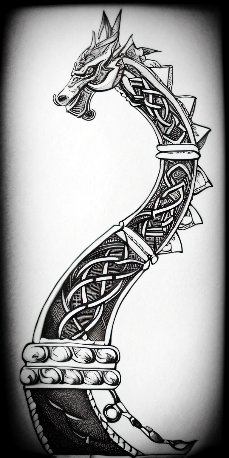 a black and white drawing of a dragon, celtic norse frankish, jörmungandr, machado de batalha, innblásin af Þórarinn B. Thorlaksson, foice, Jormungandr, Estilo de arte celta, espada curva, down left arm and back, Metal dragon tail, design de espada
