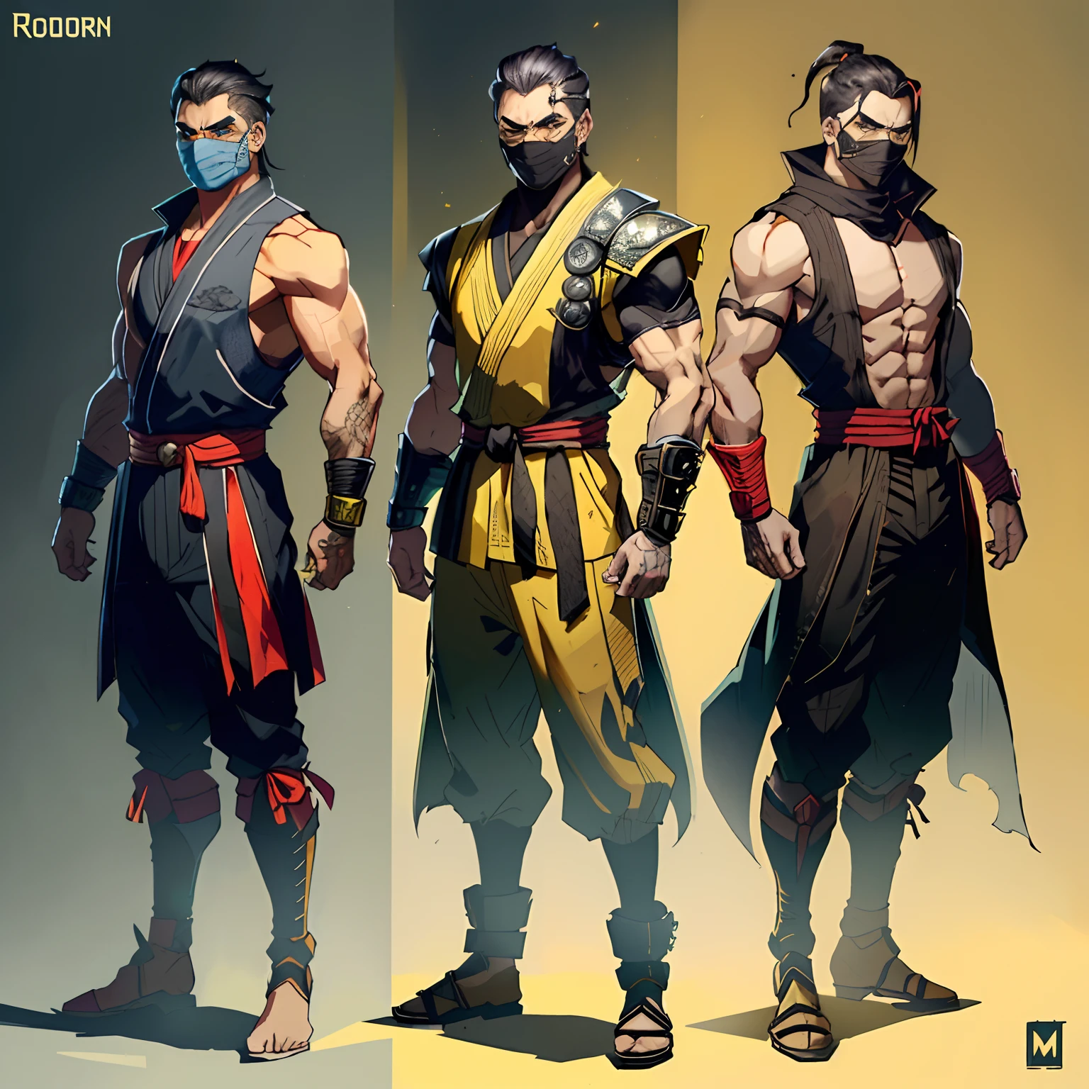 Personagem masculino, com roupas estilo mortal Kombat, roupas de cor amarela estilo scorpion do mortal Kombat, anime