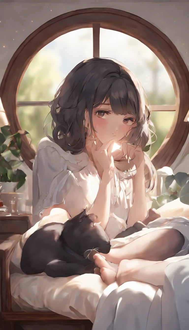 Original Character, Volumetric Lighting, Best Shadows, Shallow Depth of Field, Portrait Of Stunningly Beautiful Girl, Petite, Delicate Beautiful Attractive Face With Alluring Black Eyes, Half Closed Eyes, Thick Eyebrows, Yawning, Open Mouth, Cute Fangs, Lovely Small Breasts, Layered Medium White Hair, Blush Eyeshadow, Thick Eyelashes, Kigurumi Animal Pajamas, In The Dreamy Attic Bedroom, Sitting On Comfortable Bed, With Animal Pillows, Lovely Duvet Cover, Under The Circular Round Window, Fantastic Night Sky of Through Window, Moonlight, Milky Way, Starburst, (Highest Quality, Amazing Details:1.25), (Solo:1.3), Brilliant Colorful Paintings