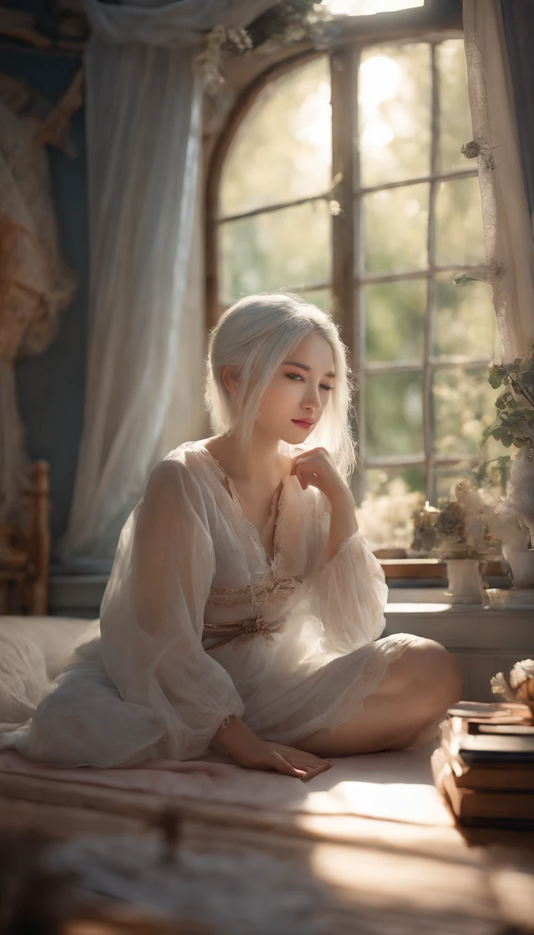 Original Character, Volumetric Lighting, Best Shadows, Shallow Depth of Field, Portrait Of Stunningly Beautiful Girl, Petite, Delicate Beautiful Attractive Face With Alluring Black Eyes, Half Closed Eyes, Thick Eyebrows, Yawning, Open Mouth, Cute Fangs, Lovely Small Breasts, Layered Medium White Hair, Blush Eyeshadow, Thick Eyelashes, Kigurumi Animal Pajamas, In The Dreamy Attic Bedroom, Sitting On Comfortable Bed, With Animal Pillows, Lovely Duvet Cover, Under The Circular Round Window, Fantastic Night Sky of Through Window, Moonlight, Milky Way, Starburst, (Highest Quality, Amazing Details:1.25), (Solo:1.3), Brilliant Colorful Paintings