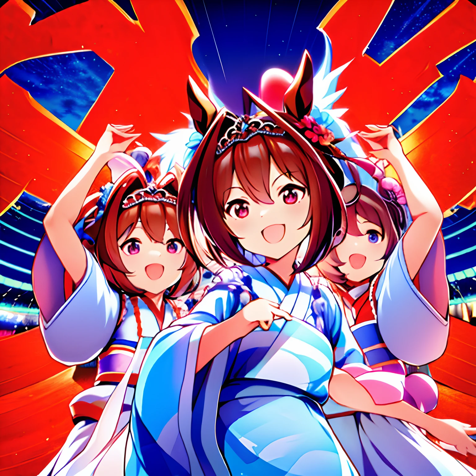 Daiwa Scarlet、Yukata、light blue yukata、Yellow band、Dancing Bon Odori、red tide、a smile、Angelic cuteness、kawaii、goddes、The background is the summer festival of Japan、natta、Bon Odori venue、Shake your head、「How to do？」