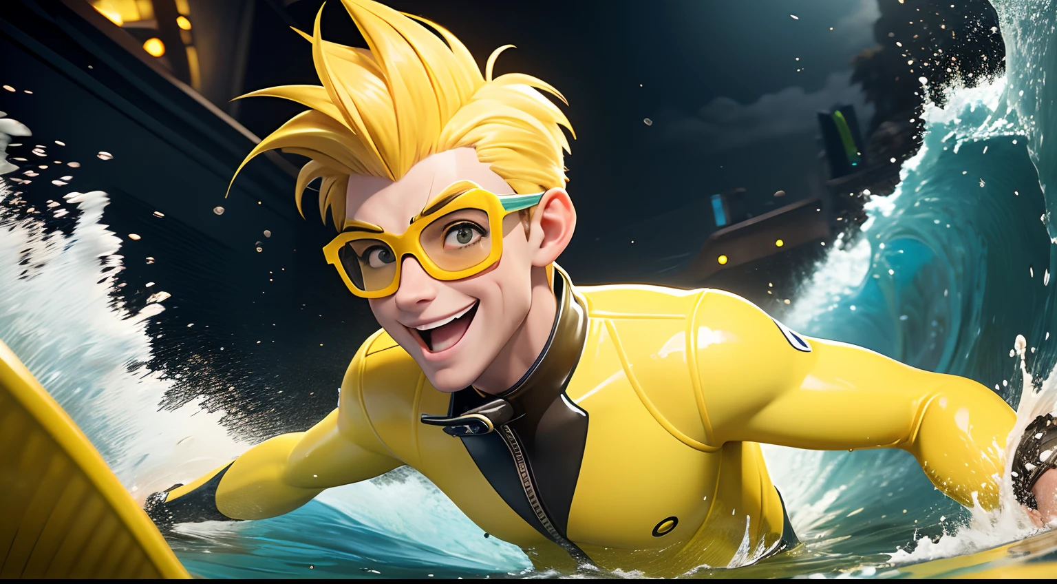 Man with yellow hair with quiff, wearing yellow glasses, with yellow wetsuit, playing in a river with a happy expression, pixar disney cartoon style