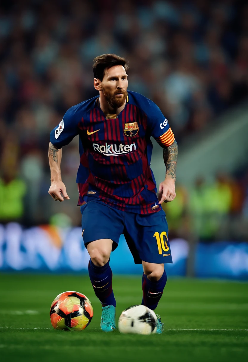 imagem hiper-realista de Lionel Messi em uma pose de frente, olhando para frente, wearing the red shirt of America. with all the details of facial expression, do cabelo, das texturas da camisa e da pele, as well as realistic lighting that highlights its characteristic features. transmit all the intensity and determination that Messi shows on the pitch, making it an authentic and impressive representation of this icon of world football extreme realism in interview position