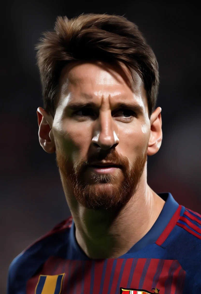 imagem hiper-realista de Lionel Messi em uma pose de frente, olhando para frente, wearing the red shirt of America. with all the details of facial expression, do cabelo, das texturas da camisa e da pele, as well as realistic lighting that highlights its characteristic features. transmit all the intensity and determination that Messi shows on the pitch, making it an authentic and impressive representation of this icon of world football extreme realism in interview position